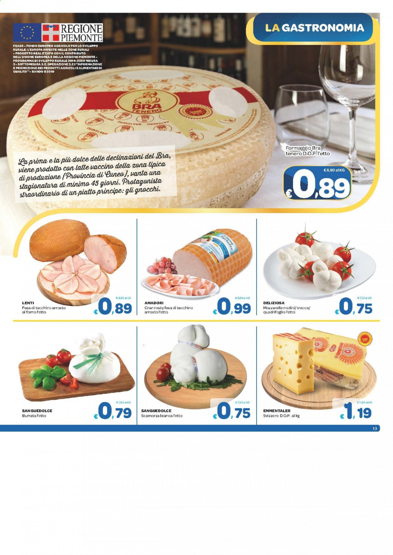 Volantino Carrefour - 17/3/2021 - 29/3/2021 - Prodotti in offerta - Dell, tacchino, formaggio, burrata, emmental, scamorza, latte, gnocchi. Pagina 13.