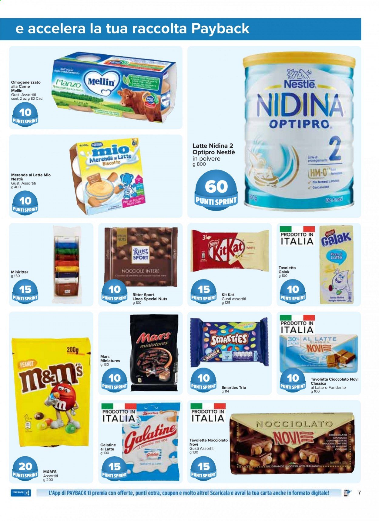 Volantino Carrefour - 18/3/2021 - 31/3/2021 - Prodotti in offerta - manzo, latte, cioccolato, Ritter Sport, Smarties, Mars, Kit Kat, Nestlé, M&M's, nocciole, Mellin. Pagina 7.