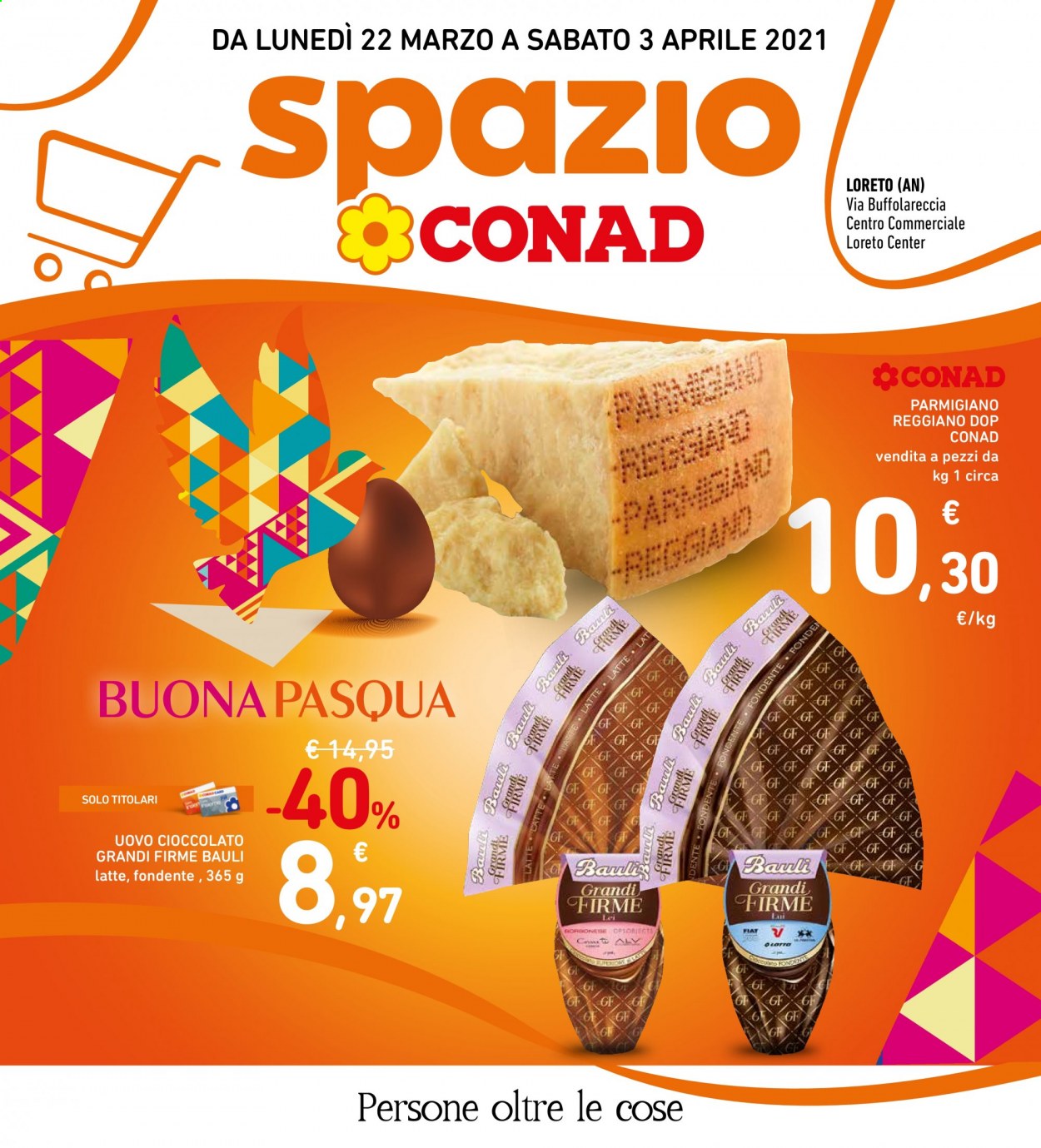 thumbnail - Volantino Conad - 22/3/2021 - 3/4/2021 - Prodotti in offerta - Bauli, formaggio, parmigiano, latte, cioccolato, uovo di Pasqua. Pagina 1.