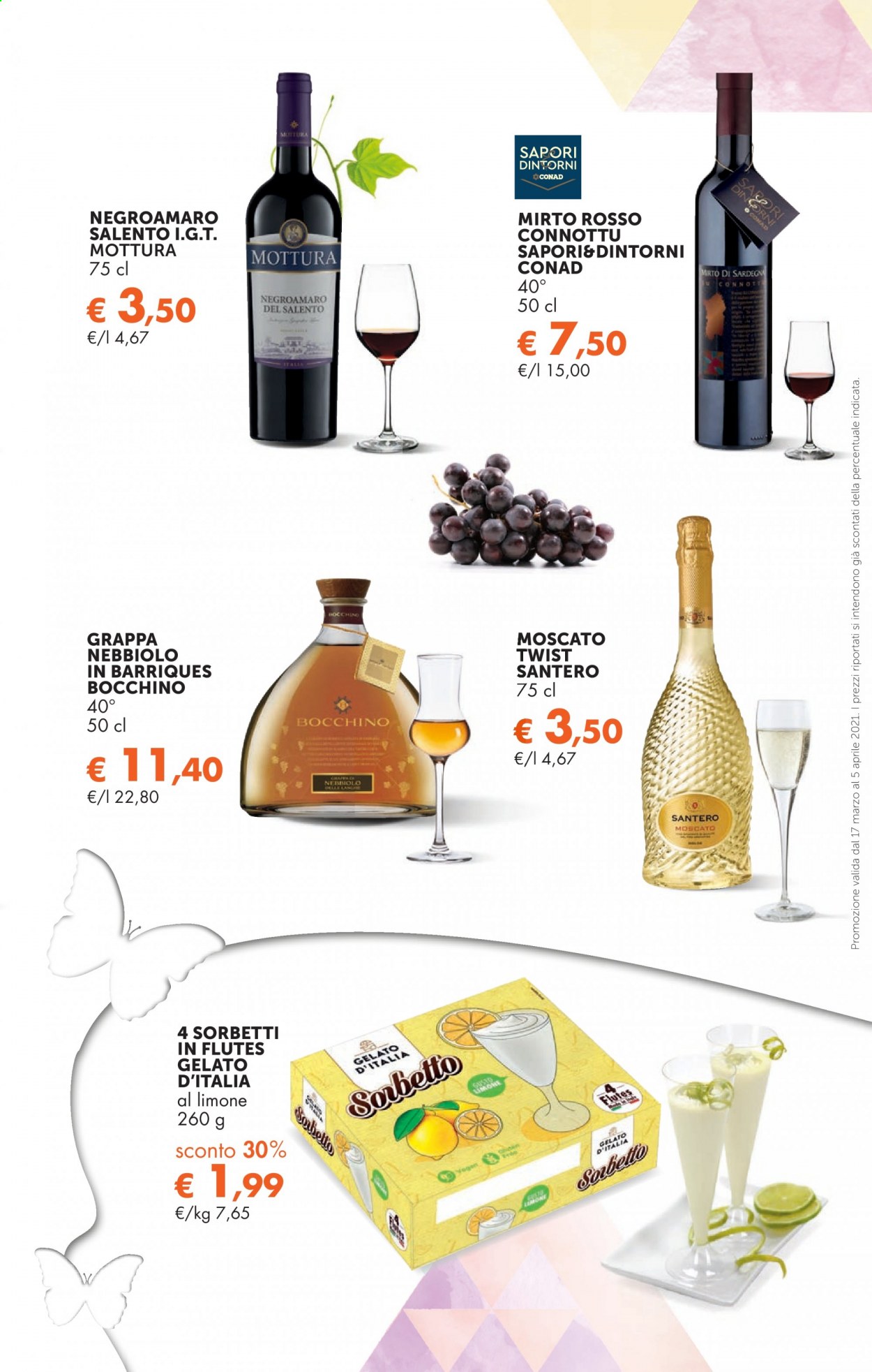 thumbnail - Volantino Conad - 17/3/2021 - 5/4/2021 - Prodotti in offerta - gelato, sorbetto, vino rosso, Negroamaro, vino, Moscato, Mirto, grappa. Pagina 11.