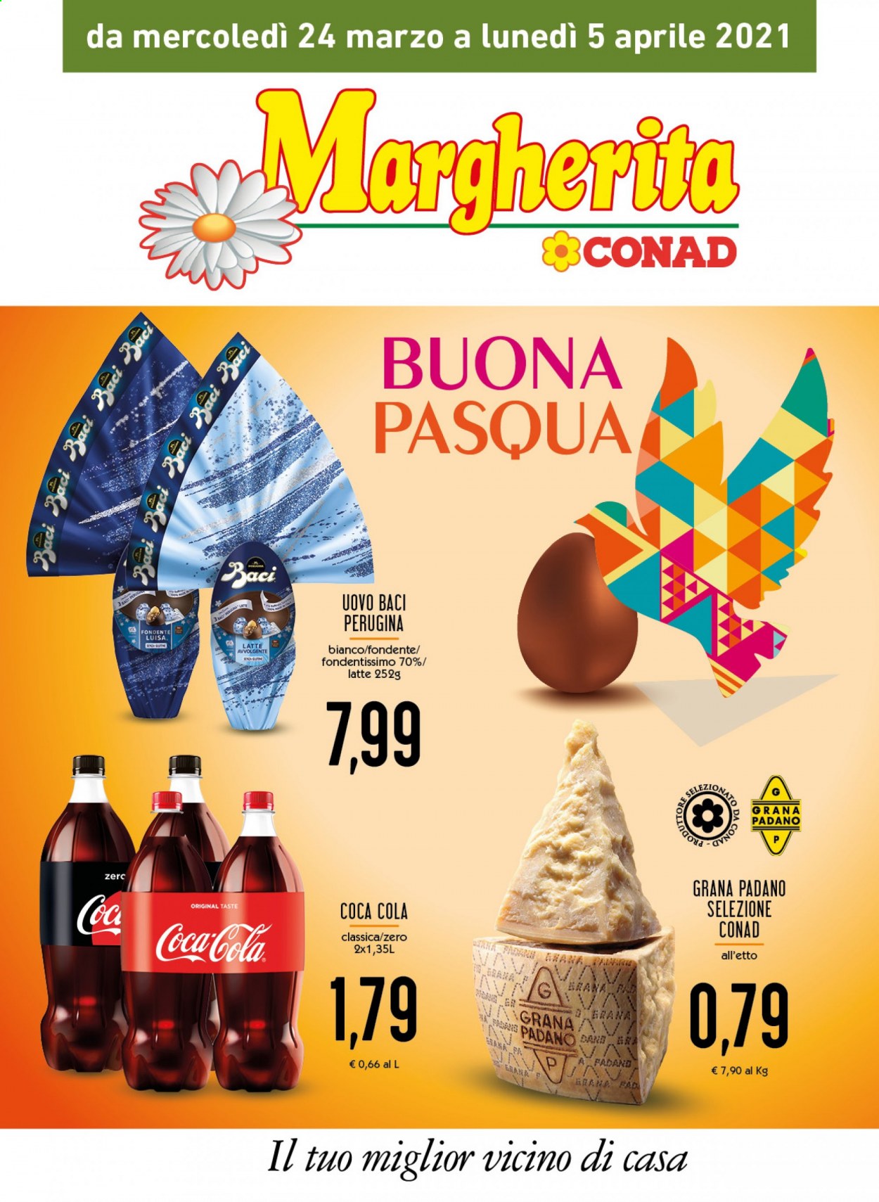 thumbnail - Volantino Conad - 24/3/2021 - 5/4/2021 - Prodotti in offerta - formaggio, Grana Padano, latte, Perugina, praline, cioccolatini Baci, Coca Cola, bibita gassata. Pagina 1.