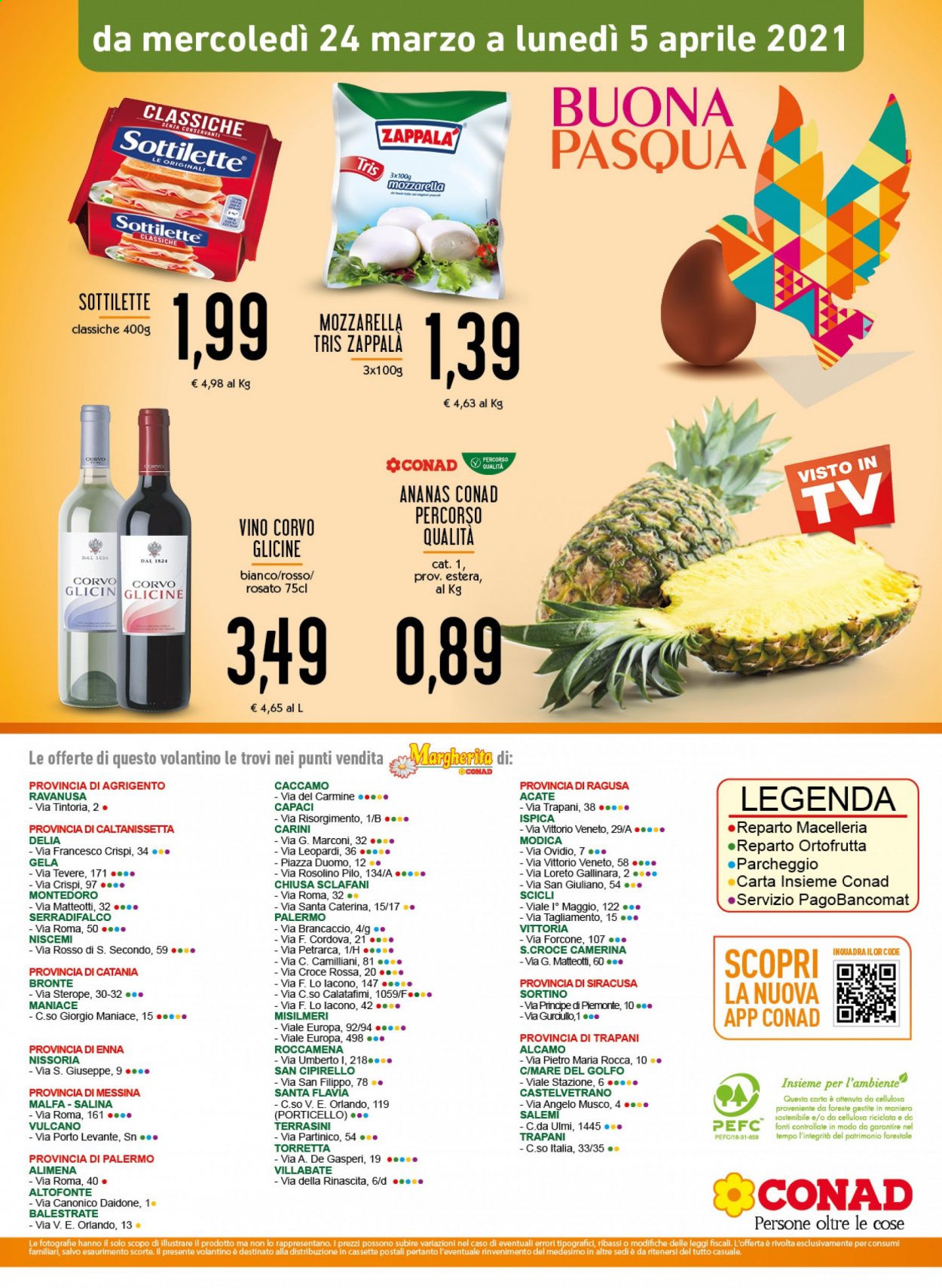 thumbnail - Volantino Conad - 24/3/2021 - 5/4/2021 - Prodotti in offerta - ananas, mozzarella, Sottilette, Zappalá, Corvo, vino bianco, vino, televisore. Pagina 20.