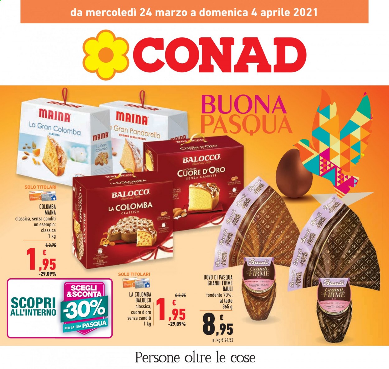thumbnail - Volantino Conad - 24/3/2021 - 4/4/2021 - Prodotti in offerta - Bauli, colomba, Balocco, uovo di Pasqua. Pagina 1.