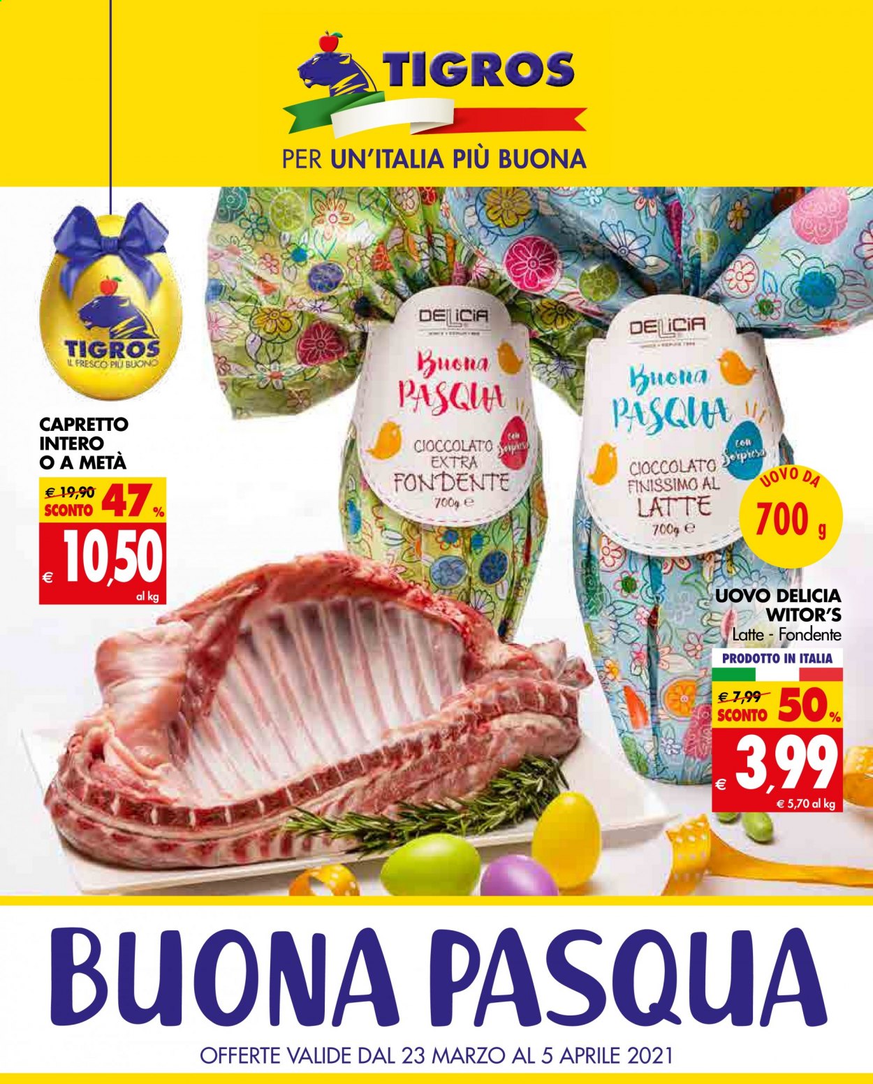 thumbnail - Volantino Tigros - 23/3/2021 - 5/4/2021 - Prodotti in offerta - capretto, cioccolato, linea Delícia. Pagina 1.