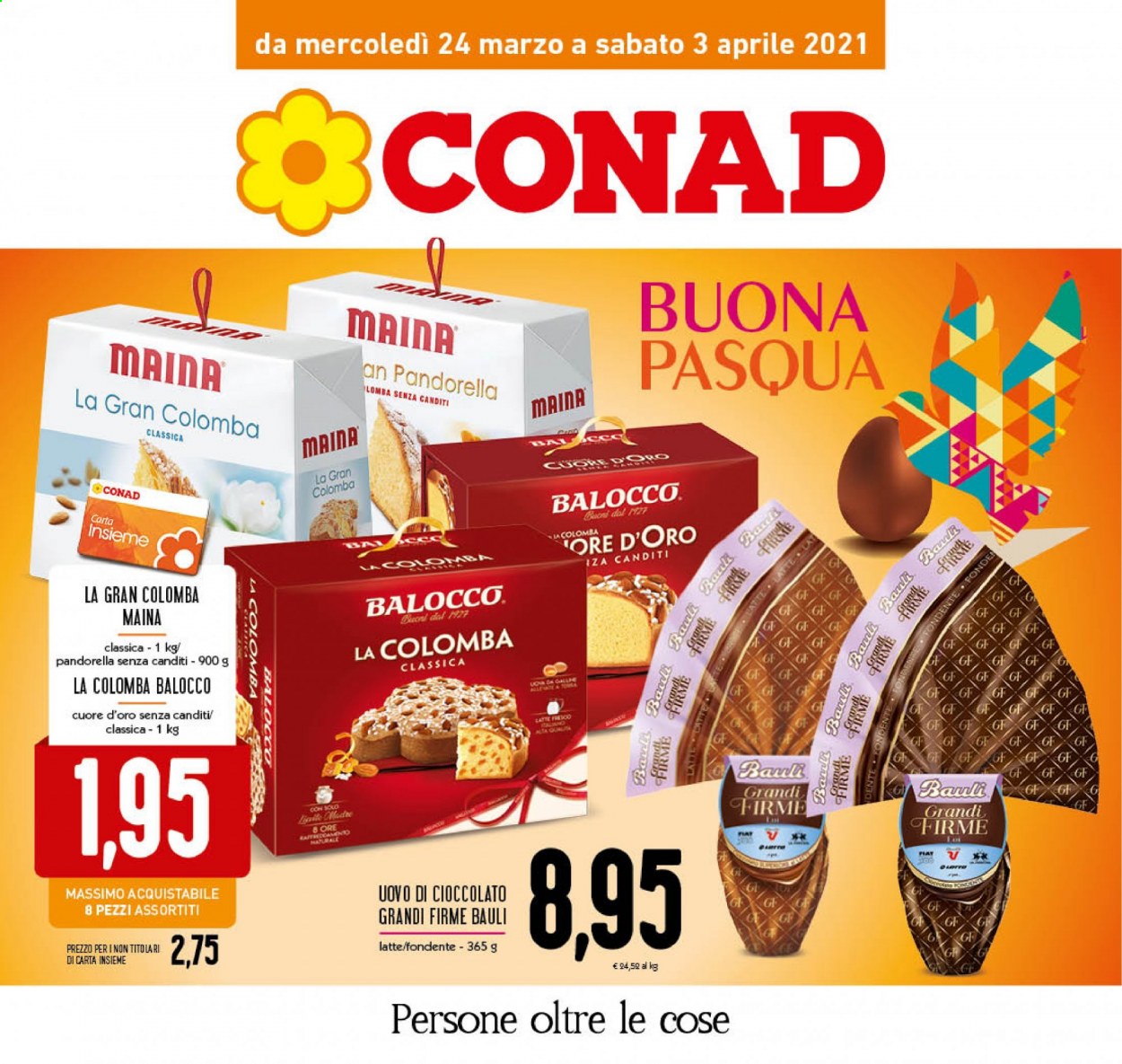 thumbnail - Volantino Conad - 24/3/2021 - 3/4/2021 - Prodotti in offerta - Bauli, colomba, Balocco, latte, uovo di Pasqua. Pagina 1.