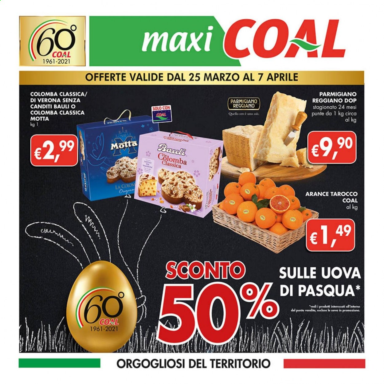 thumbnail - Volantino COAL - 25/3/2021 - 7/4/2021 - Prodotti in offerta - Bauli, colomba, Motta, arance, formaggio, parmigiano, uovo di Pasqua, canditi. Pagina 1.