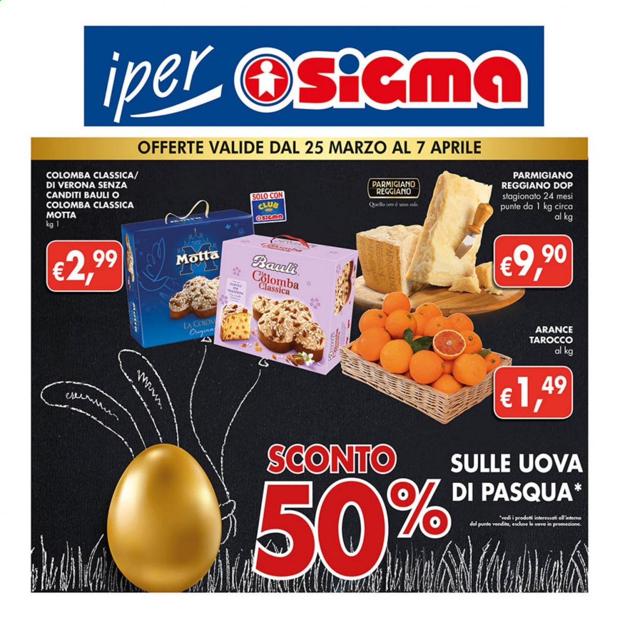 thumbnail - Volantino Sigma - 25/3/2021 - 7/4/2021 - Prodotti in offerta - Bauli, colomba, Motta, arance, formaggio, parmigiano, uova. Pagina 1.