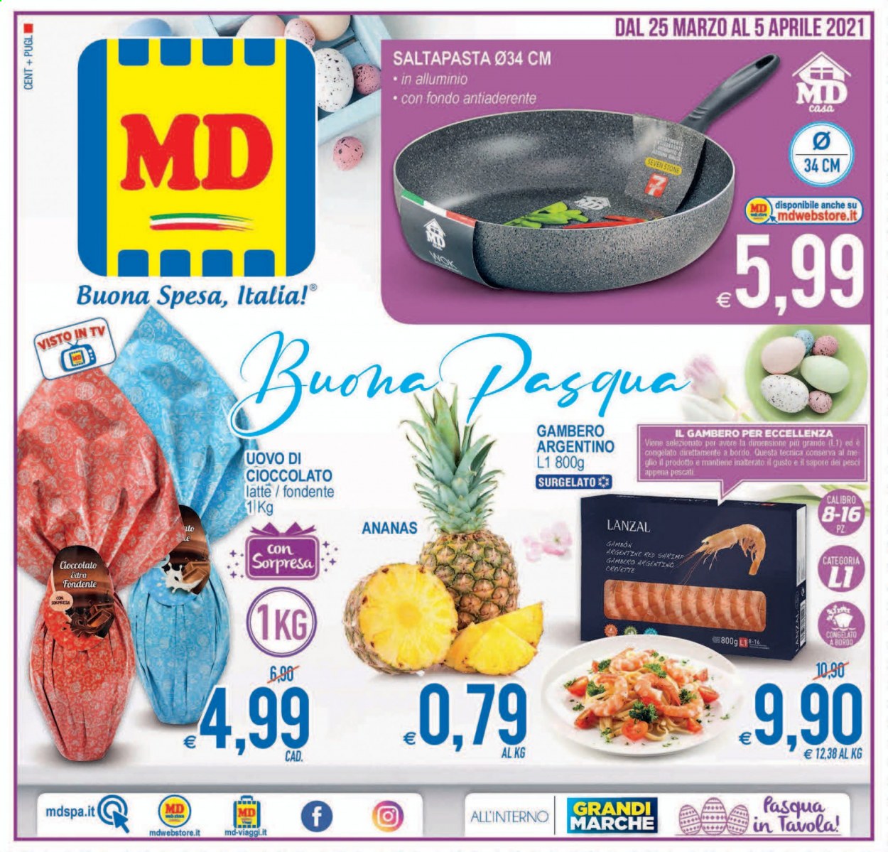 thumbnail - Volantino MD Discount - 25/3/2021 - 5/4/2021 - Prodotti in offerta - ananas, gamberi, latte, uovo di Pasqua, saltapasta. Pagina 1.