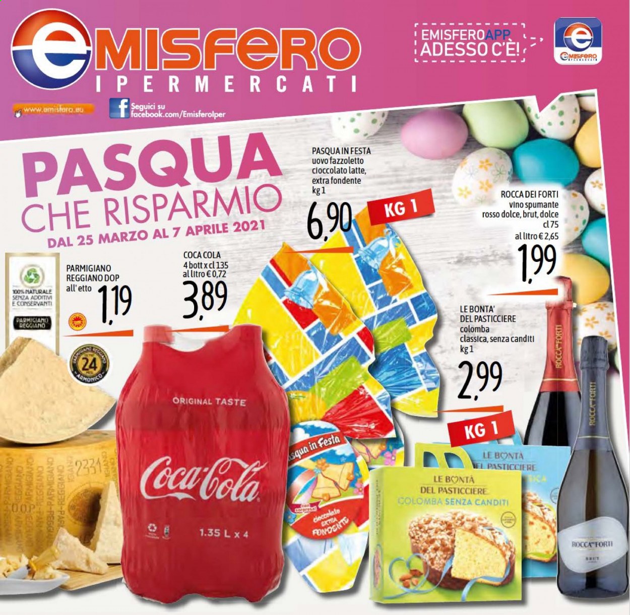 thumbnail - Volantino Emisfero - 25/3/2021 - 7/4/2021 - Prodotti in offerta - colomba, parmigiano, latte, Coca Cola, bibita gassata, Spumante, vino. Pagina 1.