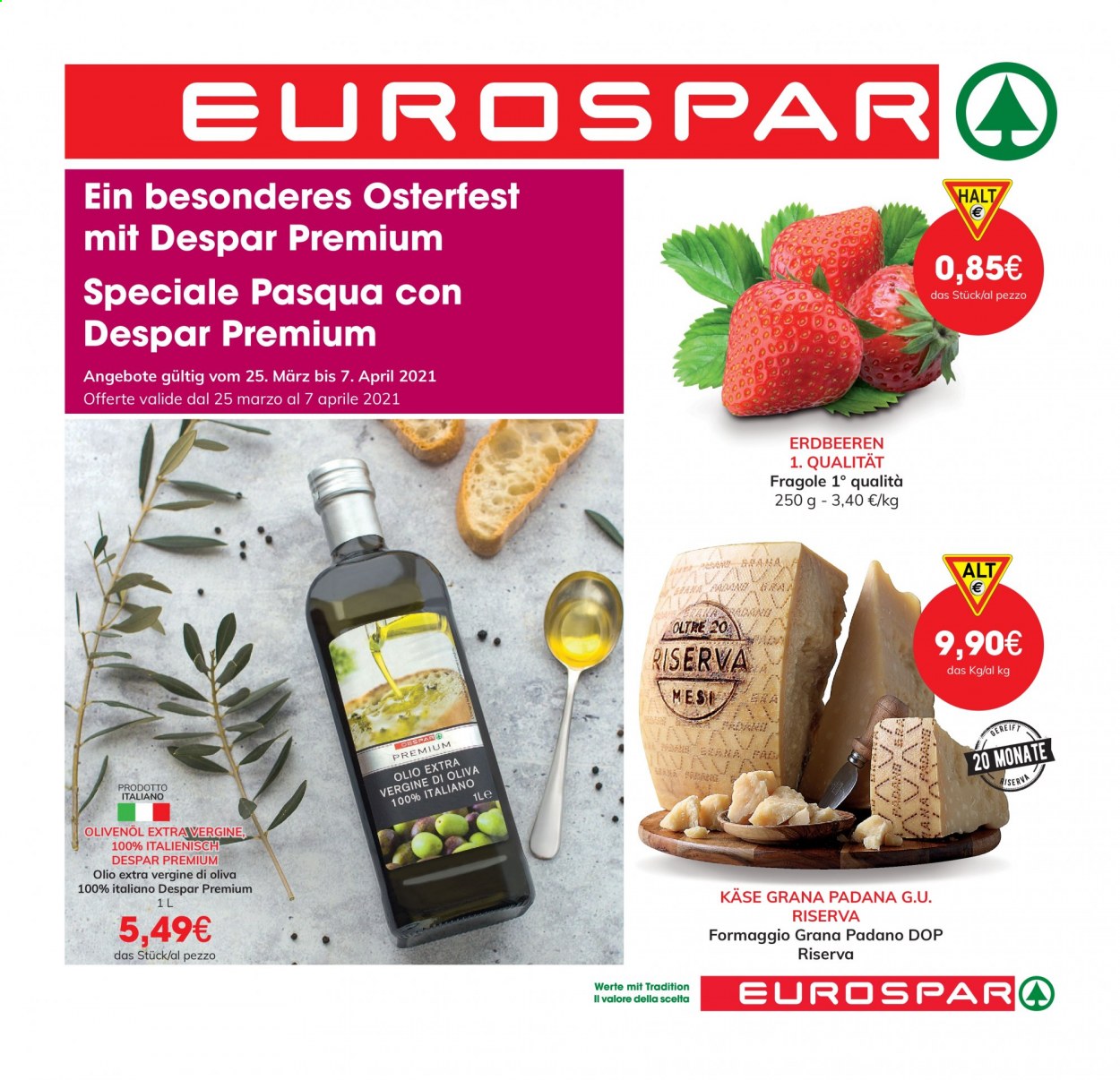 thumbnail - Volantino Eurospar - 25/3/2021 - 7/4/2021 - Prodotti in offerta - fragole, formaggio, Grana Padano, olio, olio extra vergine di oliva. Pagina 1.