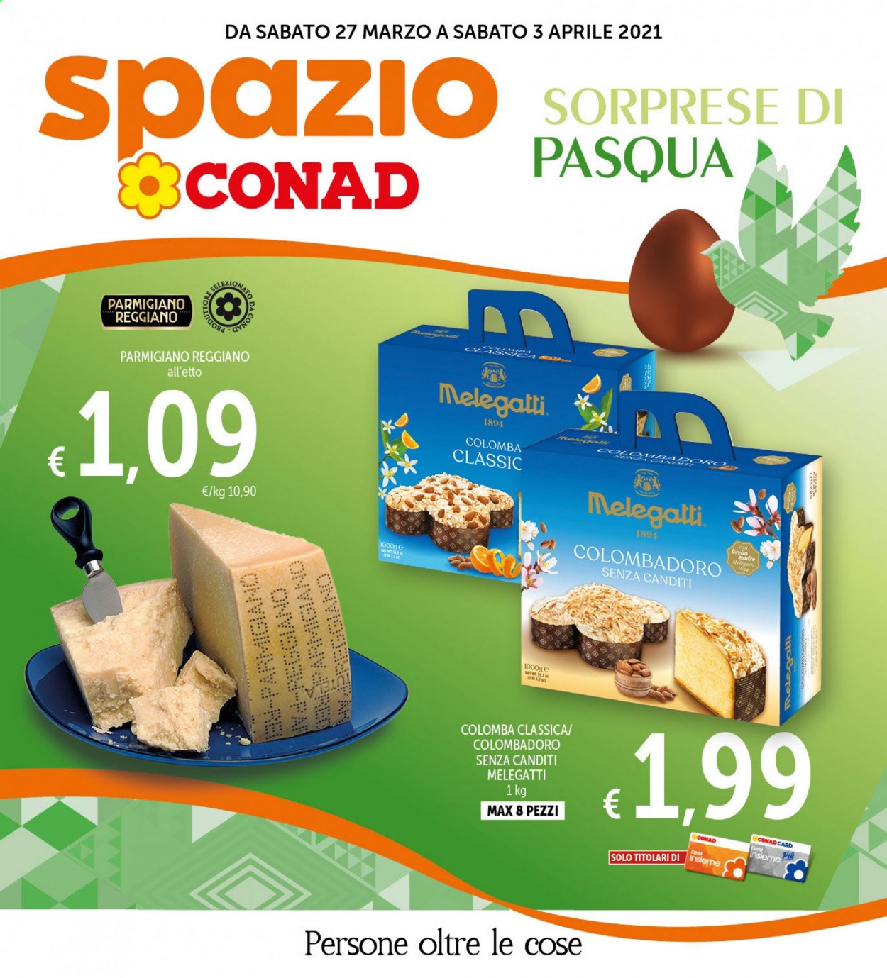 thumbnail - Volantino Conad - 27/3/2021 - 3/4/2021 - Prodotti in offerta - colomba, formaggio, parmigiano. Pagina 1.
