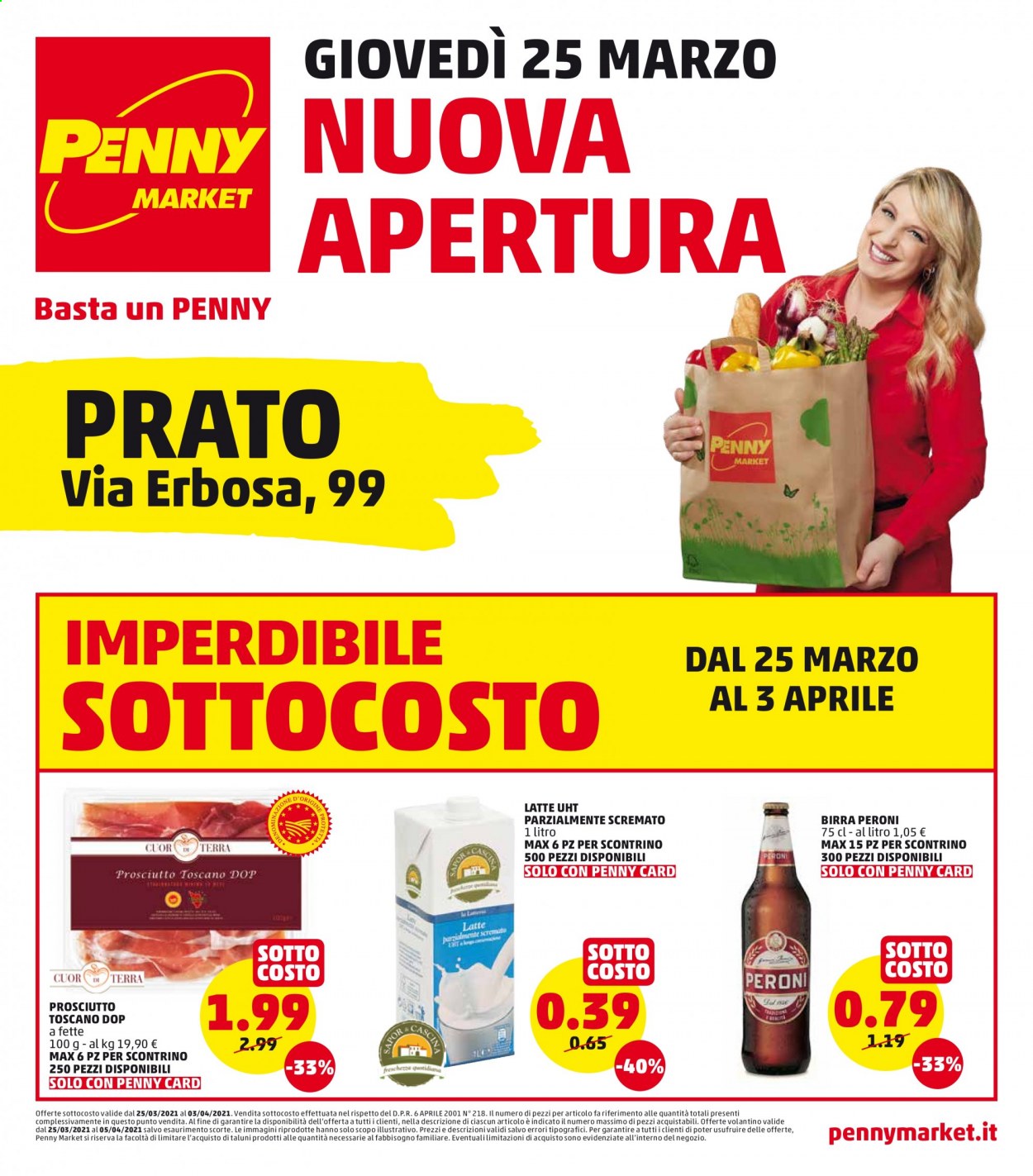 thumbnail - Volantino Penny Market - 25/3/2021 - 3/4/2021 - Prodotti in offerta - Peroni, birra, prosciutto, latte. Pagina 1.