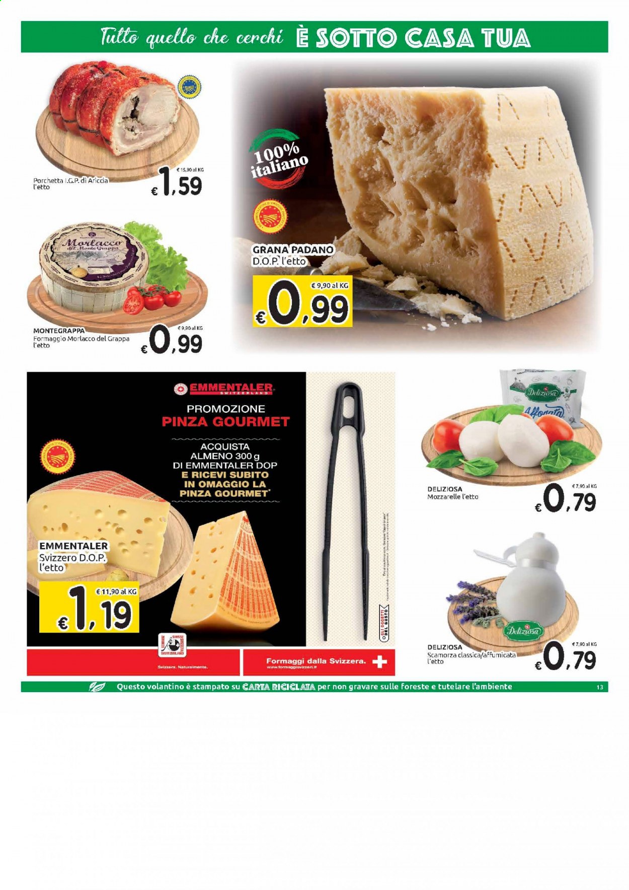Volantino Carrefour - 23/3/2021 - 5/4/2021 - Prodotti in offerta - formaggio, emmental, scamorza, Grana Padano, grappa, pinza. Pagina 13.