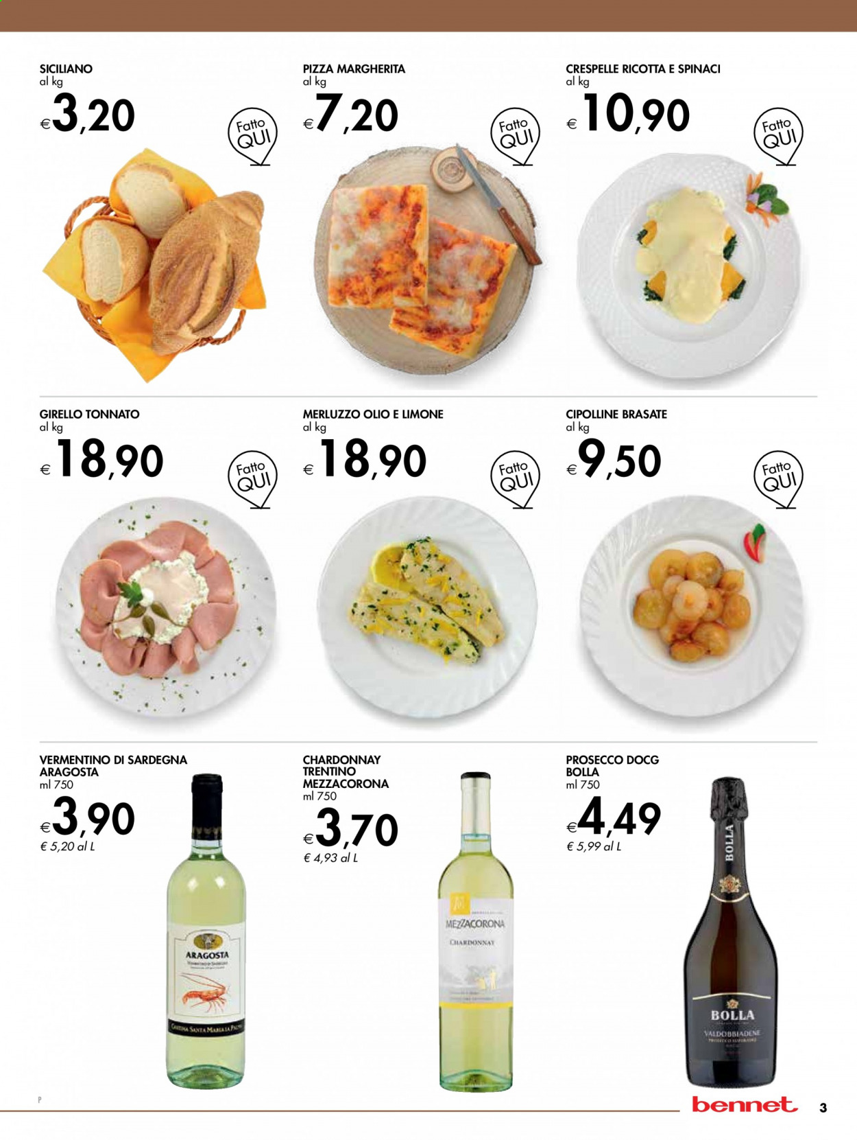 thumbnail - Volantino bennet - 22/3/2021 - 5/4/2021 - Prodotti in offerta - girello, merluzzo, crespelle, pizza, pizza Margherita, vino bianco, Chardonnay, Prosecco, vino, Vermentino. Pagina 3.