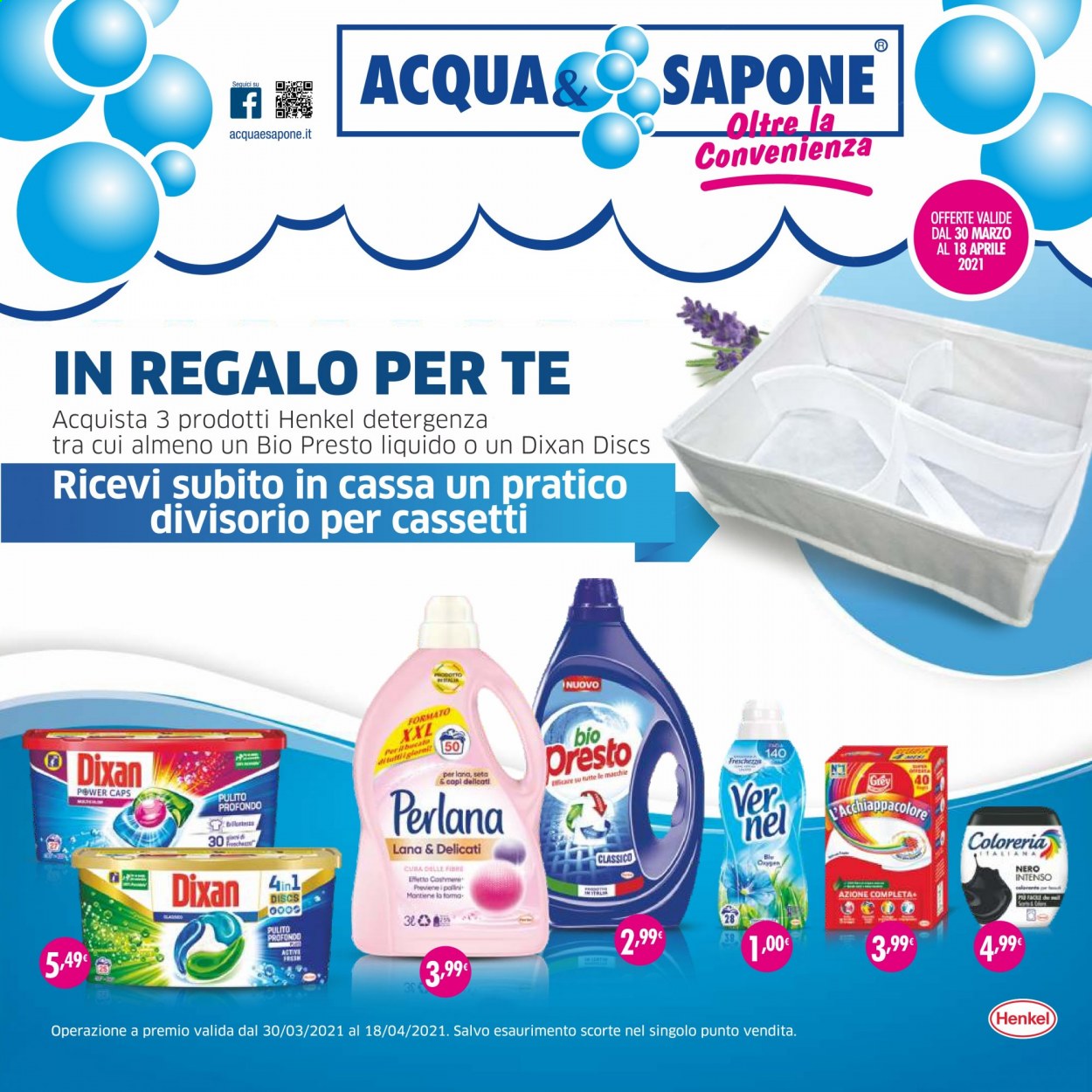 thumbnail - Volantino Acqua & Sapone - 30/3/2021 - 18/4/2021 - Prodotti in offerta - Ace, Bio Presto, detersivo per lavatrice, Dixan, Perlana, detersivo per lavatrice in capsule, sapone. Pagina 1.