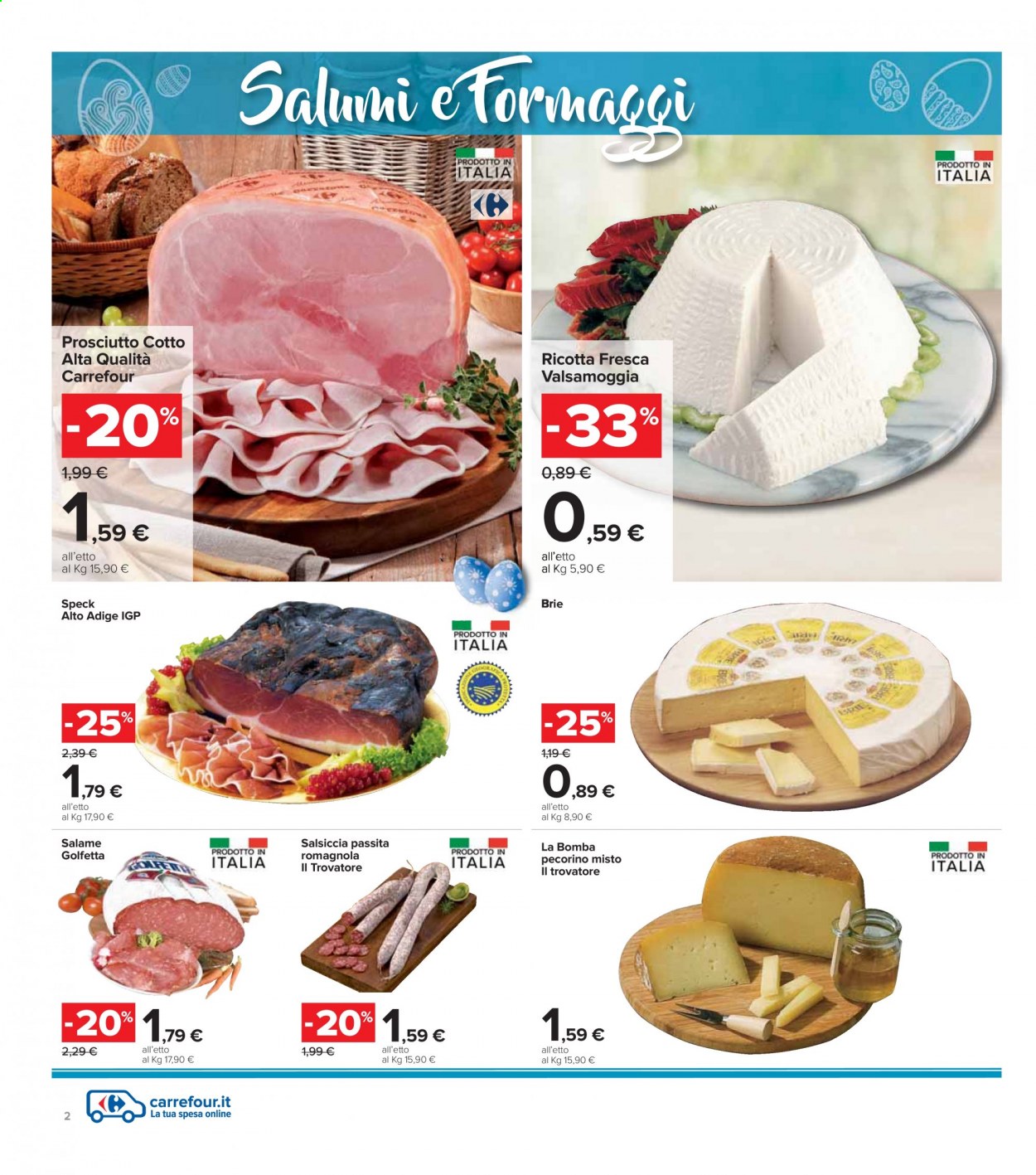 thumbnail - Volantino Carrefour - 29/3/2021 - 5/4/2021 - Prodotti in offerta - salsiccia, speck, prosciutto cotto, salsiccia stagionata, formaggio, brie, ricotta, pecorino. Pagina 2.