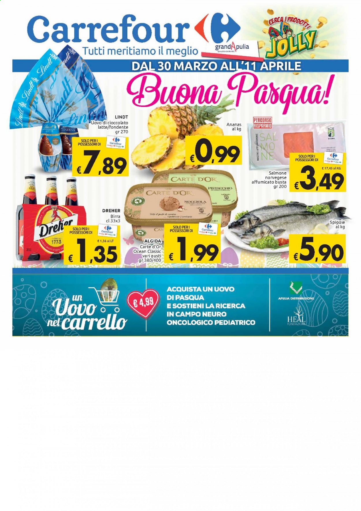 thumbnail - Volantino Carrefour - 30/3/2021 - 11/4/2021 - Prodotti in offerta - birra, Dreher, Carte d'Or, salmone, spigola, latte, gelato, Algida, uovo di Pasqua, carrello. Pagina 1.