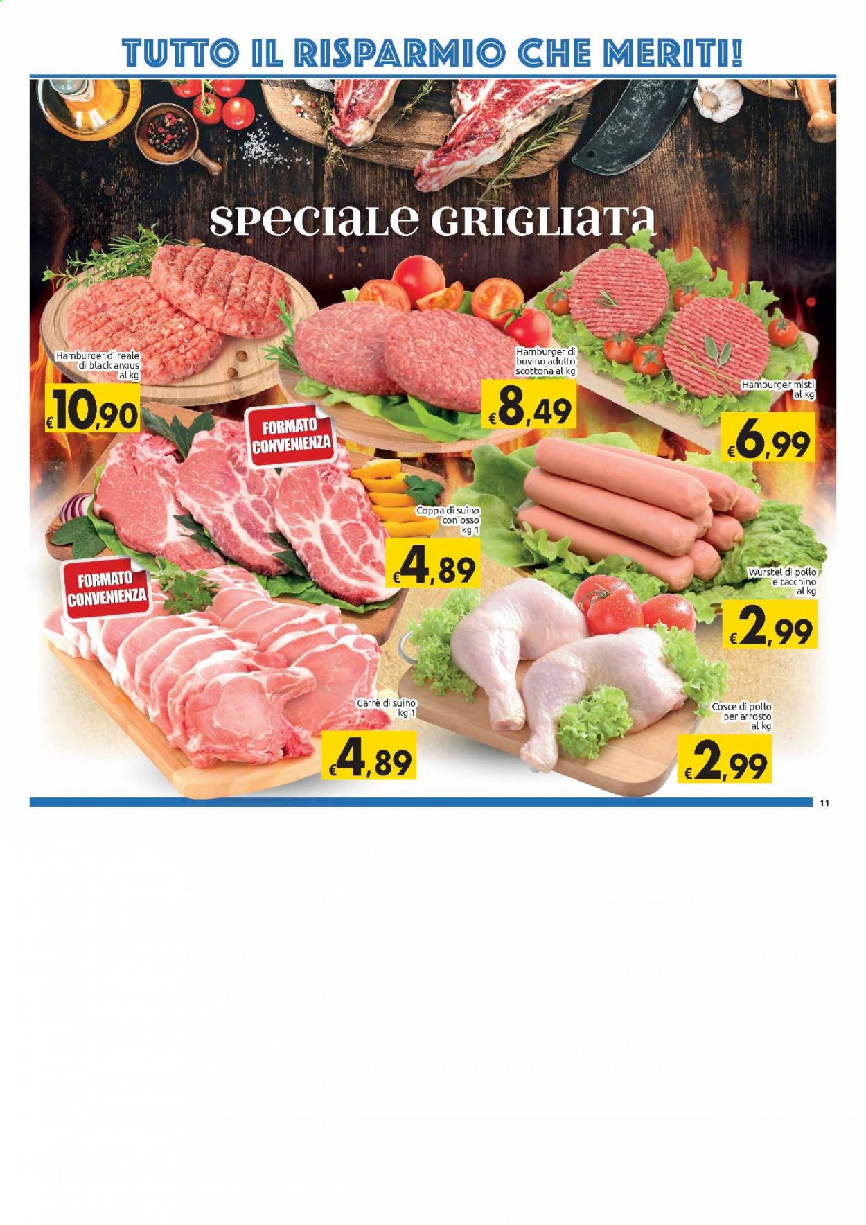 thumbnail - Volantino Carrefour - 30/3/2021 - 11/4/2021 - Prodotti in offerta - cosce di pollo, scottona, hamburger, coppa di suino, suino, würstel, würstel di pollo, würstel di tacchino. Pagina 11.