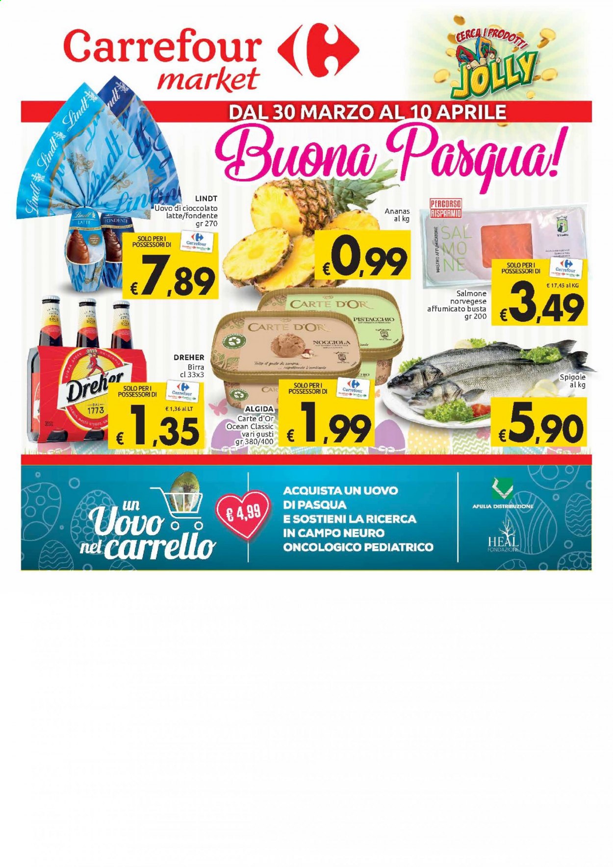 thumbnail - Volantino Carrefour - 30/3/2021 - 10/4/2021 - Prodotti in offerta - birra, Dreher, Carte d'Or, salmone, spigola, latte, gelato, Algida, uovo di Pasqua, carrello. Pagina 1.