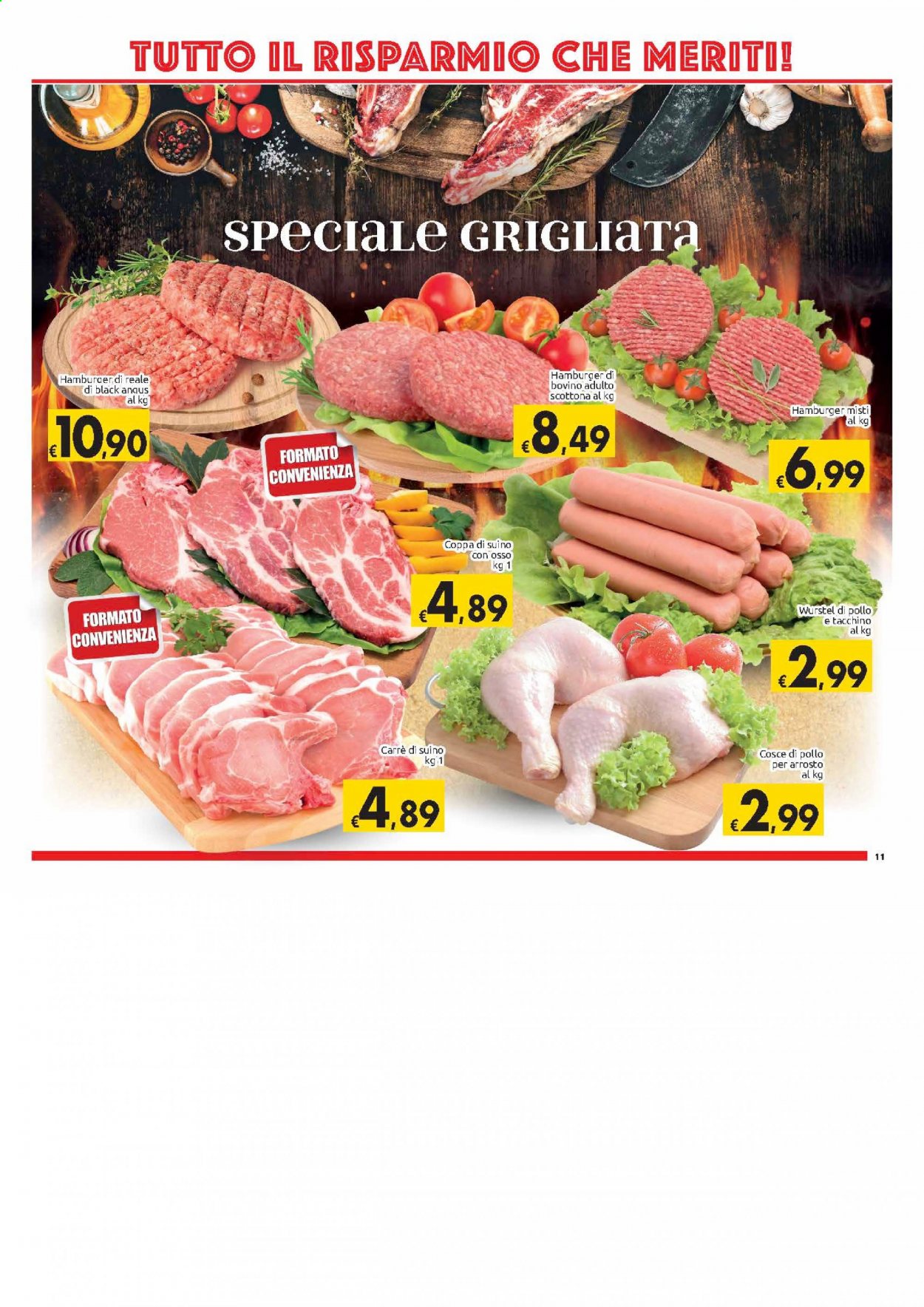 Volantino Carrefour - 30/3/2021 - 10/4/2021 - Prodotti in offerta - cosce di pollo, tacchino, pollo, hamburger, würstel. Pagina 11.