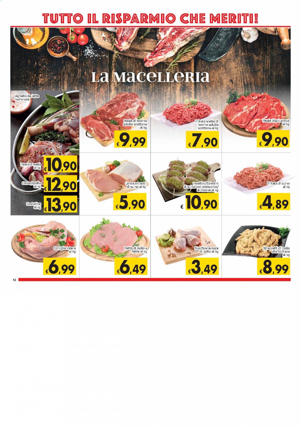 Volantino Carrefour - 30/3/2021 - 10/4/2021 - Prodotti in offerta - petto di pollo, pollo, agnello, coniglio intero, latte. Pagina 12.