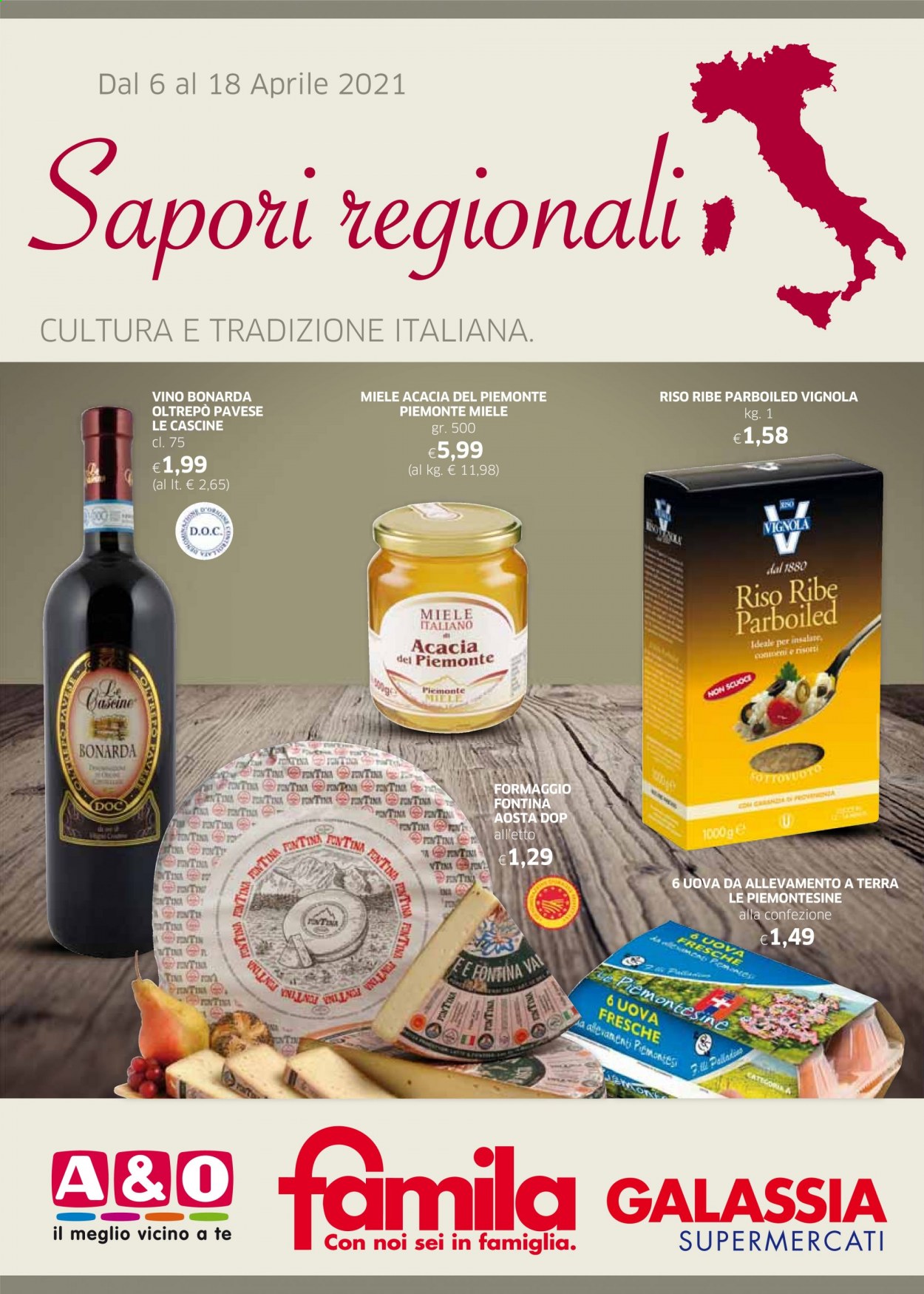 thumbnail - Volantino Famila - 6/4/2021 - 18/4/2021 - Prodotti in offerta - fontina, uova, riso, riso ribe, riso parboiled, miele, vino. Pagina 1.