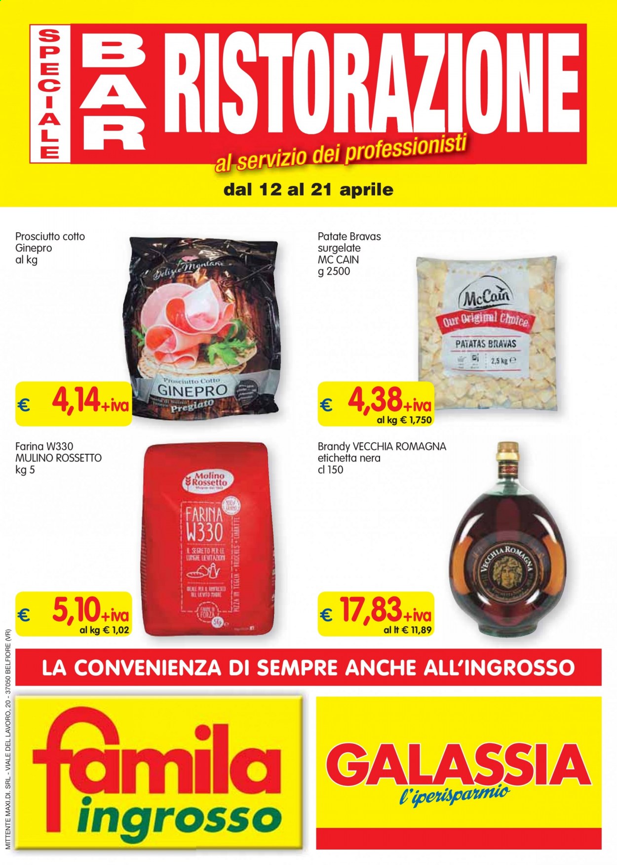 thumbnail - Volantino Famila - 12/4/2021 - 21/4/2021 - Prodotti in offerta - Molino Rossetto, patate, McCain, farina, ginepro, bacche di ginepro, brandy, Vecchia Romagna, teglia. Pagina 1.