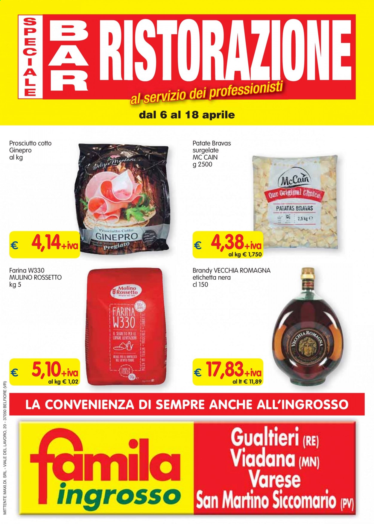 thumbnail - Volantino Famila - 6/4/2021 - 18/4/2021 - Prodotti in offerta - Molino Rossetto, patate, McCain, farina, ginepro, bacche di ginepro, brandy, Vecchia Romagna, teglia. Pagina 1.