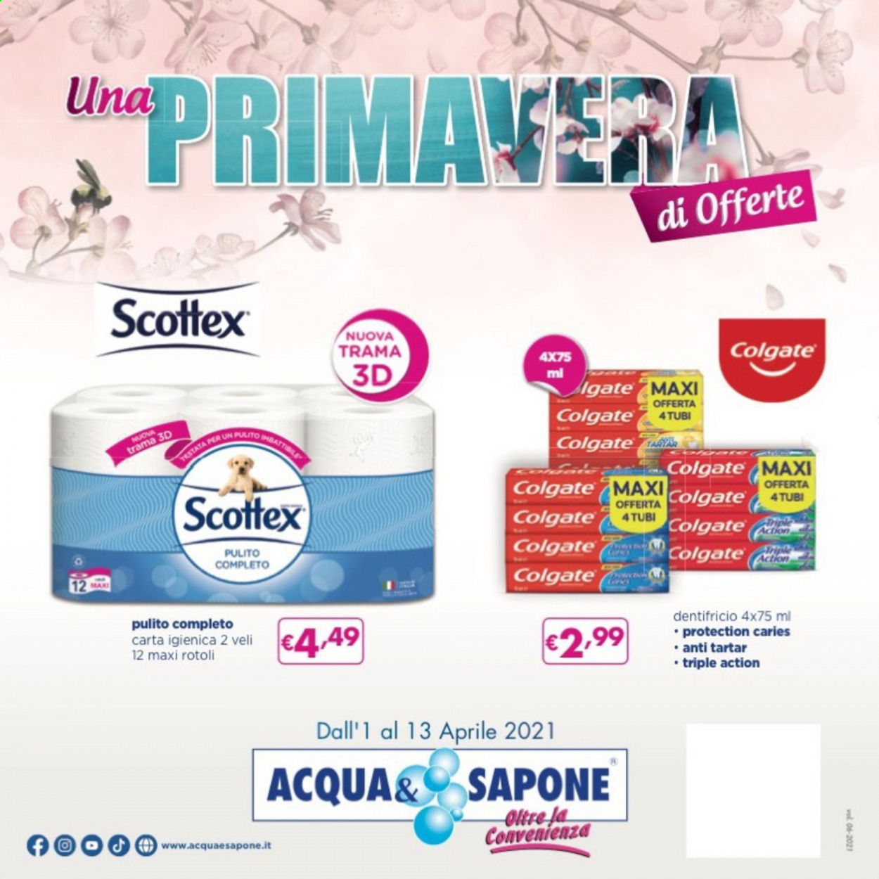 thumbnail - Volantino Acqua & Sapone - 1/4/2021 - 13/4/2021 - Prodotti in offerta - carta igienica, Scottex, sapone, Colgate, dentifricio. Pagina 1.
