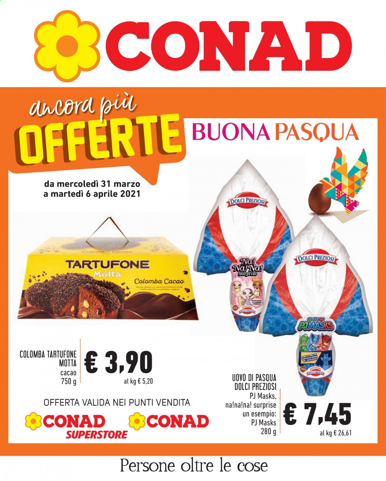 thumbnail - Volantino Conad - 31/3/2021 - 6/4/2021 - Prodotti in offerta - tartufone, colomba, Motta, uovo di Pasqua. Pagina 1.