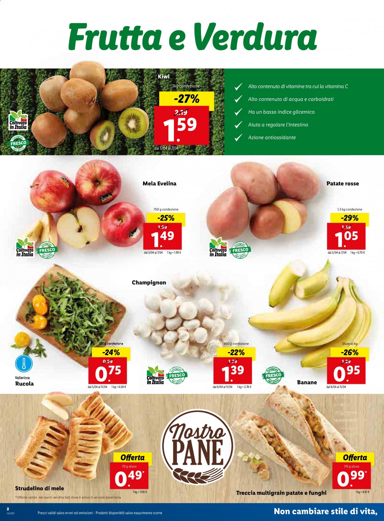 thumbnail - Volantino Lidl - 5/4/2021 - 11/4/2021 - Prodotti in offerta - funghi champignon, pane, rucola, patate rosse, banane, kiwi, treccia. Pagina 2.