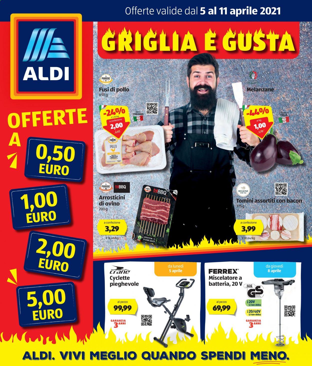 thumbnail - Volantino Aldi - 5/4/2021 - 11/4/2021 - Prodotti in offerta - melanzane, fusi di pollo, arrosticini, formaggio, tomino, cyclette. Pagina 1.
