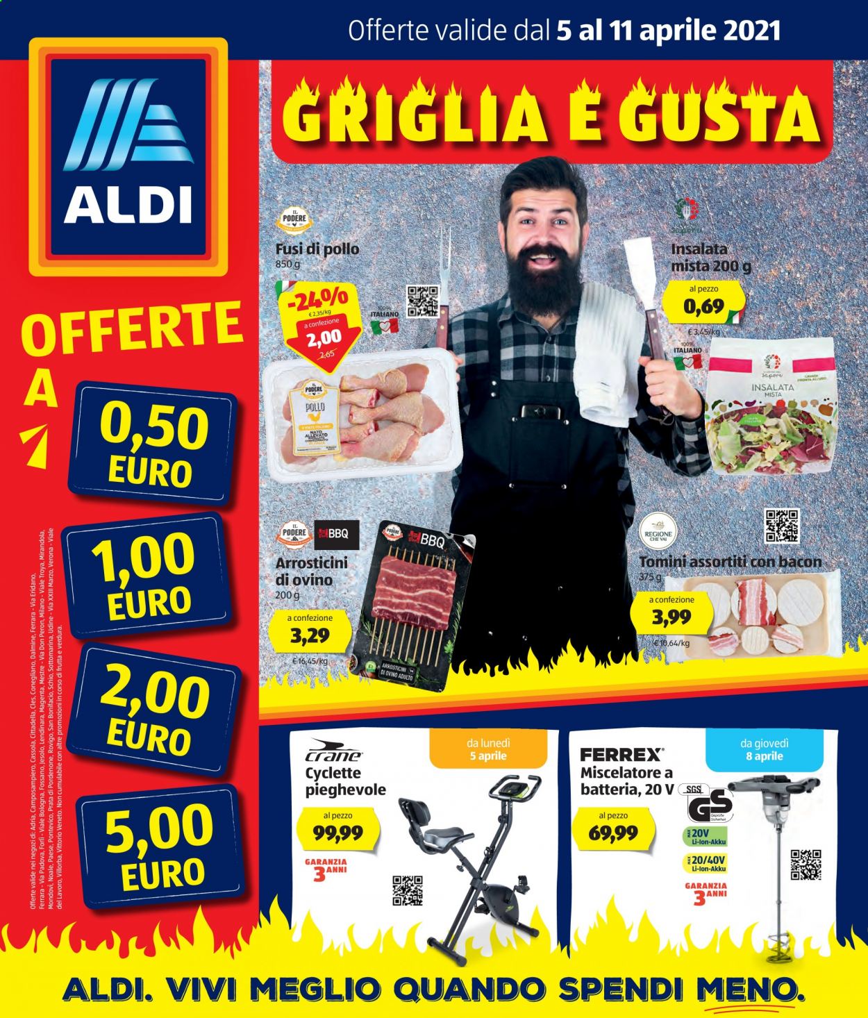 thumbnail - Volantino Aldi - 5/4/2021 - 11/4/2021 - Prodotti in offerta - insalata mista, fusi di pollo, arrosticini, tomino, cyclette. Pagina 1.