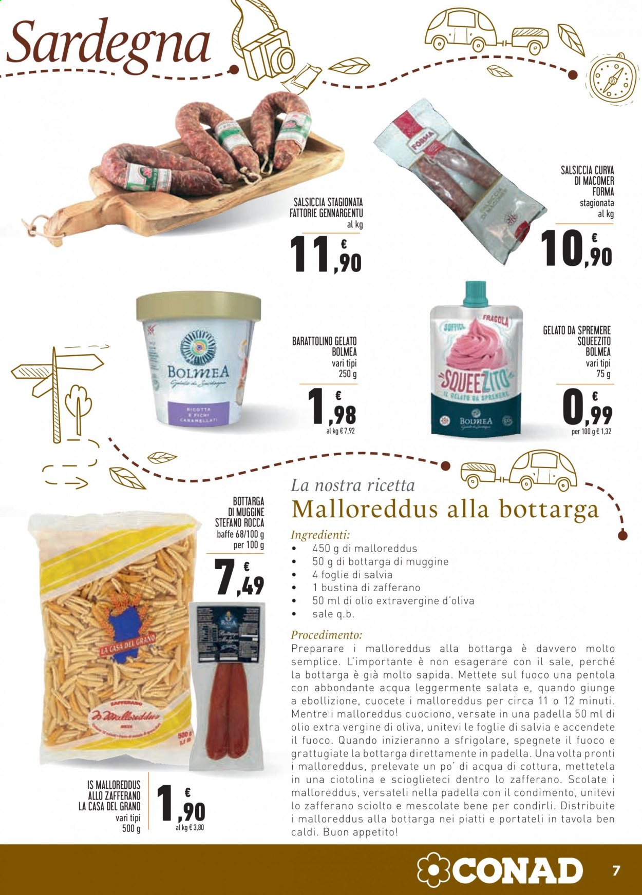 thumbnail - Volantino Conad - 6/4/2021 - 18/4/2021 - Prodotti in offerta - salsiccia, salsiccia stagionata, bottarga, bottarga di muggine, gelato, piatti. Pagina 7.