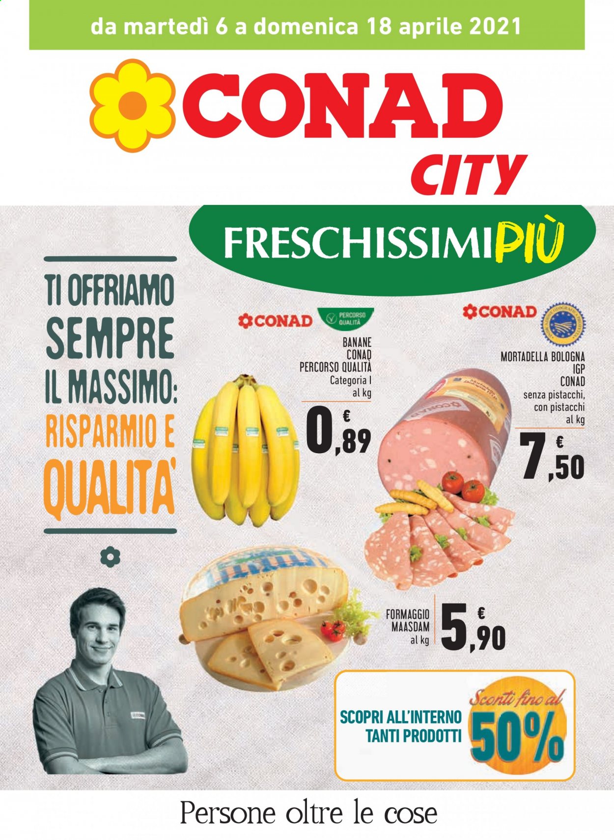 thumbnail - Volantino Conad - 6/4/2021 - 18/4/2021 - Prodotti in offerta - banane, mortadella, formaggio, maasdam. Pagina 1.