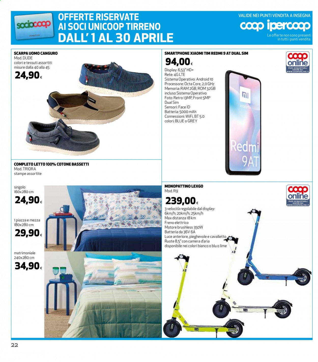 thumbnail - Volantino Coop - 6/4/2021 - 21/4/2021 - Prodotti in offerta - completo letto, smartphone, Xiaomi Redmi, monopattino. Pagina 22.