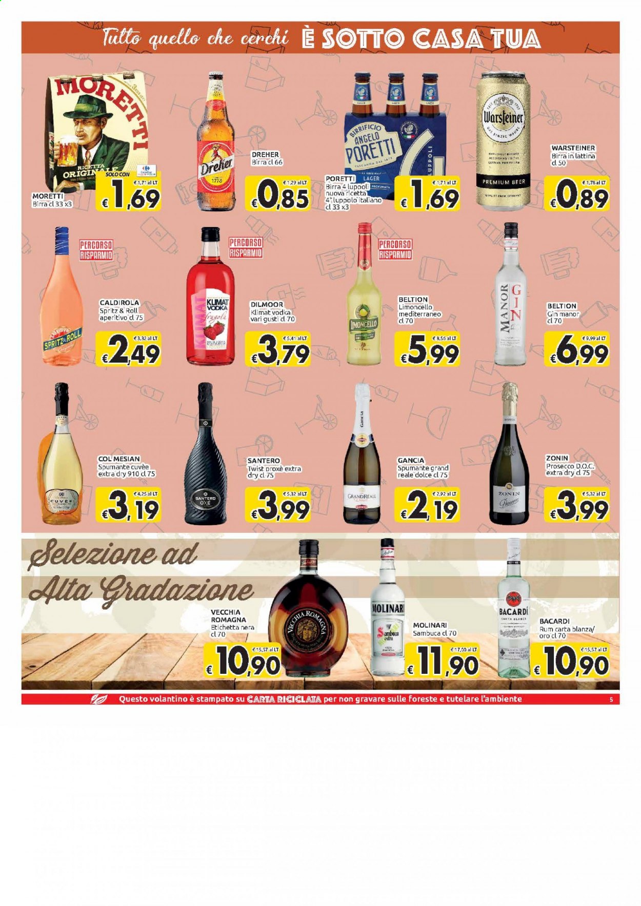 Volantino Carrefour - 31/3/2021 - 12/4/2021 - Prodotti in offerta - Birra Moretti, birra, Spumante, Prosecco, rum, vodka, Limoncello, gin, Bacardi, Vecchia Romagna, angelo. Pagina 5.
