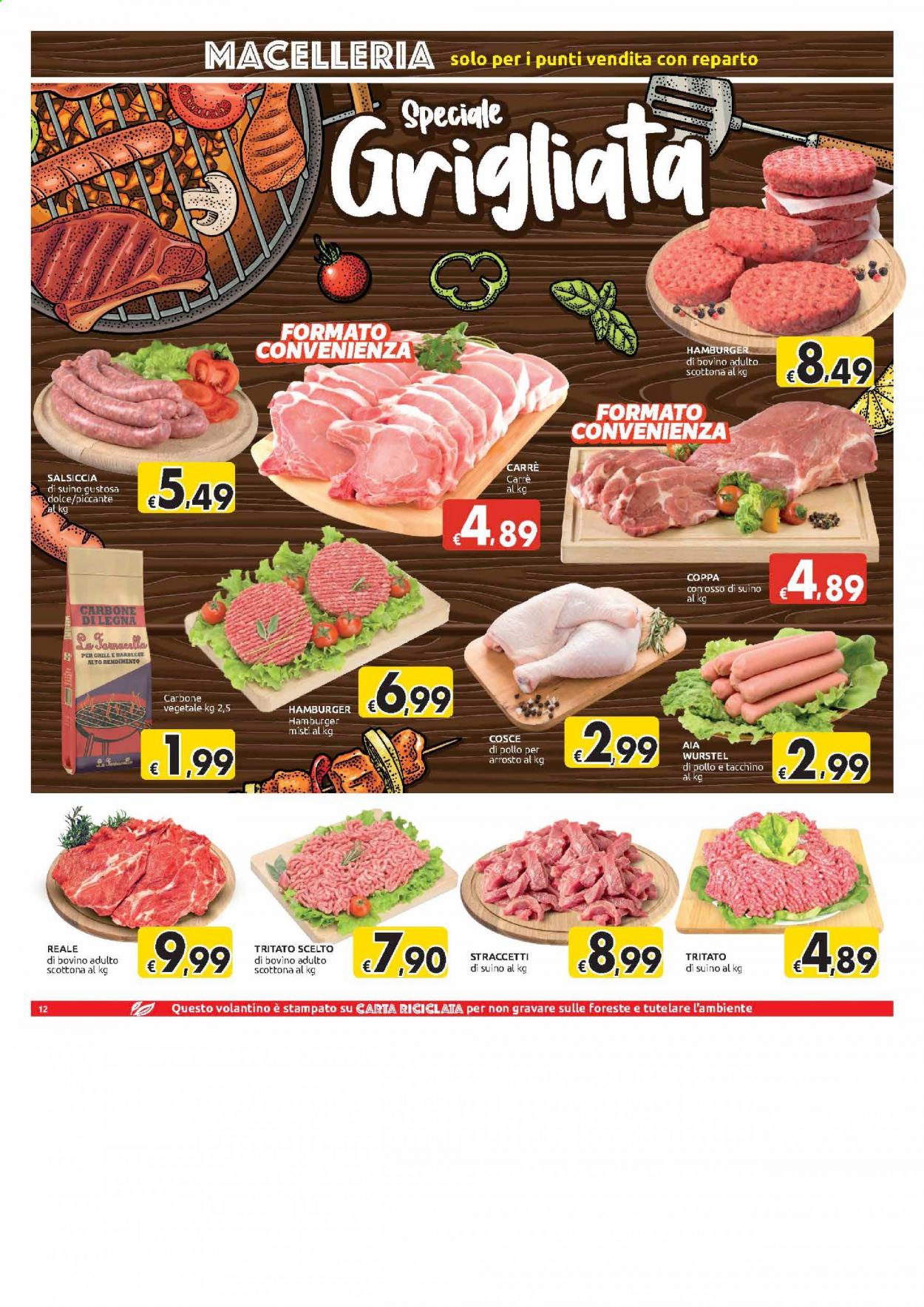 thumbnail - Volantino Carrefour - 31/3/2021 - 12/4/2021 - Prodotti in offerta - cosce di pollo, AIA, scottona, salsiccia, hamburger, suino, würstel, carbonella, barbecue. Pagina 12.