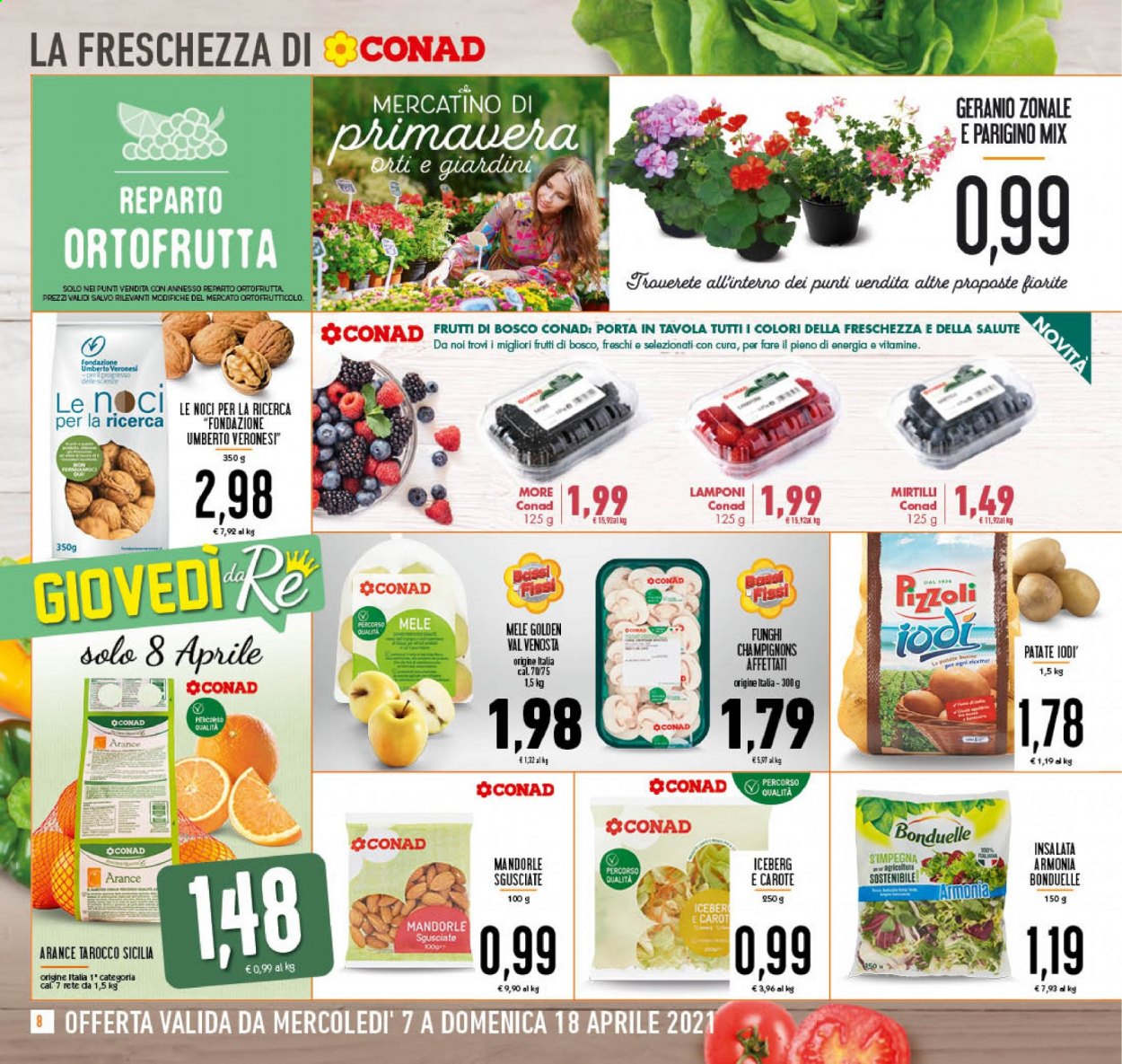 thumbnail - Volantino Conad - 7/4/2021 - 18/4/2021 - Prodotti in offerta - patate, Bonduelle, mele, arance, mirtilli, lamponi, more, mandorle, noci. Pagina 8.