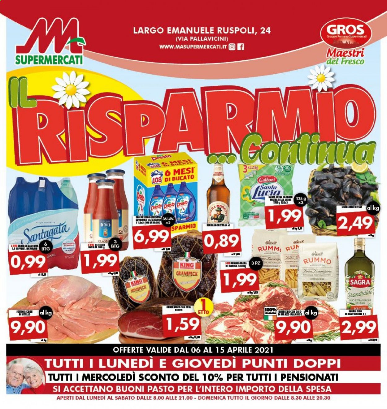 thumbnail - Volantino M.A. Supermercati - 6/4/2021 - 15/4/2021 - Prodotti in offerta - vitello, Rummo, Moët & Chandon, rum. Pagina 1.
