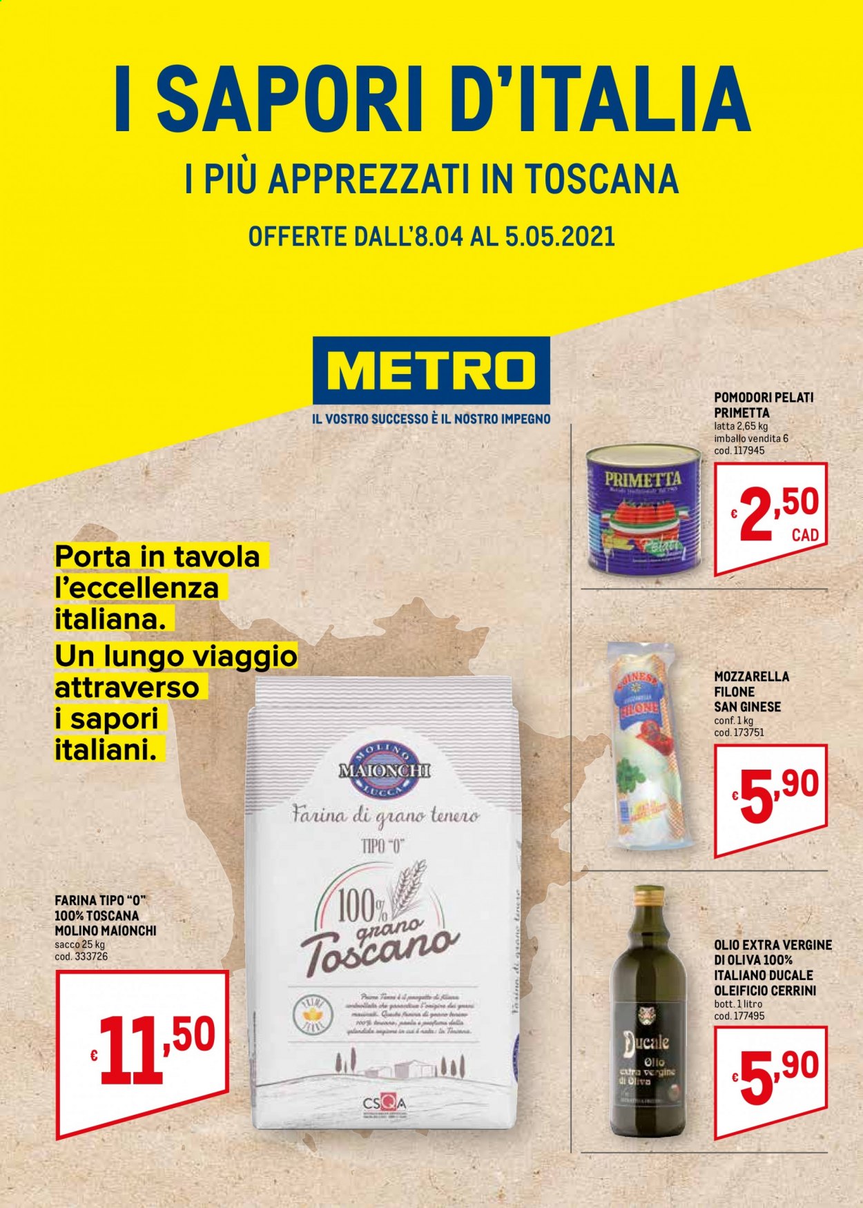 thumbnail - Volantino Metro - 8/4/2021 - 5/5/2021 - Prodotti in offerta - formaggio, mozzarella, farina, pomodori pelati, olio, olio extra vergine di oliva. Pagina 1.
