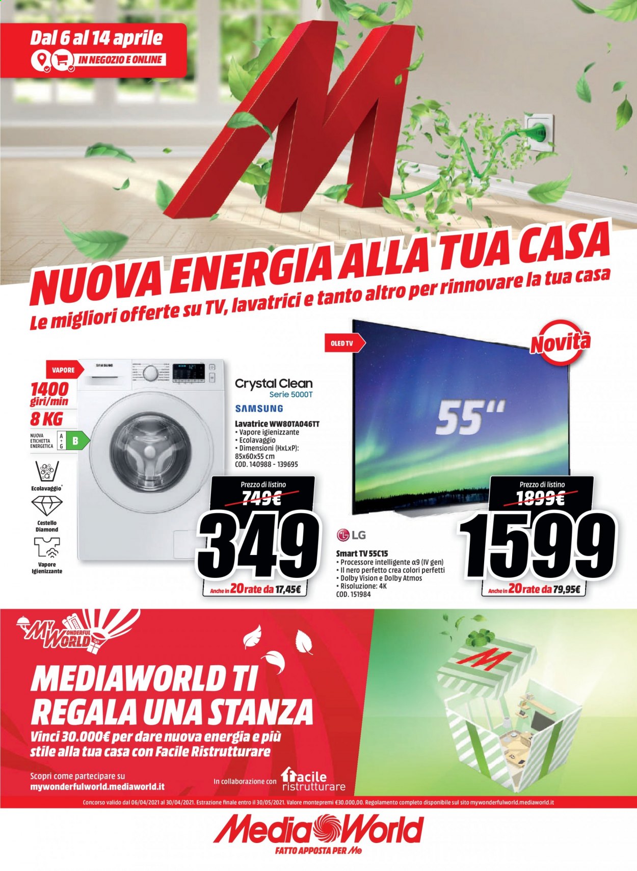 thumbnail - Volantino MediaWorld - 6/4/2021 - 14/4/2021 - Prodotti in offerta - Smart TV, OLED TV, televisore, lavatrice. Pagina 1.
