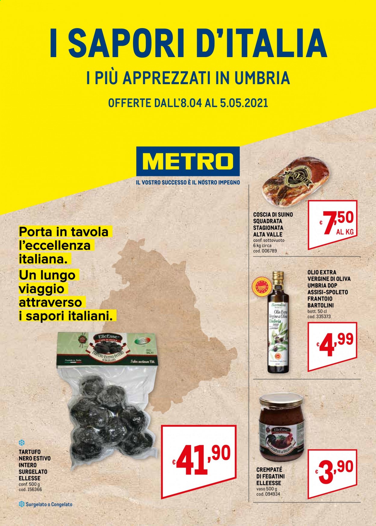 thumbnail - Volantino Metro - 8/4/2021 - 5/5/2021 - Prodotti in offerta - Ellesse, tartufo, suino, olio, olio extra vergine di oliva, vaso. Pagina 1.