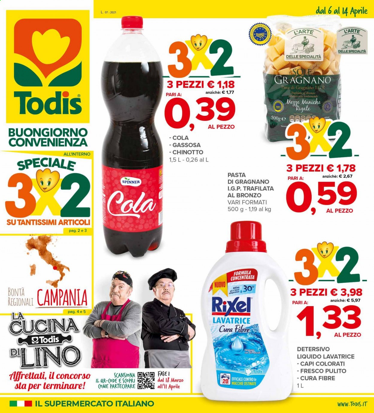 thumbnail - Volantino Todis - 6/4/2021 - 14/4/2021 - Prodotti in offerta - pasta, pasta trafilata al bronzo, detersivo liquido per lavatrice, profumo. Pagina 1.