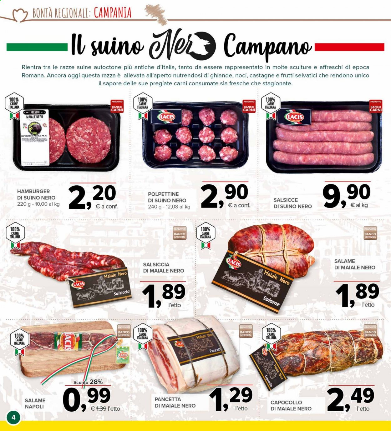 thumbnail - Volantino Todis - 6/4/2021 - 14/4/2021 - Prodotti in offerta - salsiccia, hamburger, polpettine, suino, capocollo, salame, pancetta, noci. Pagina 4.