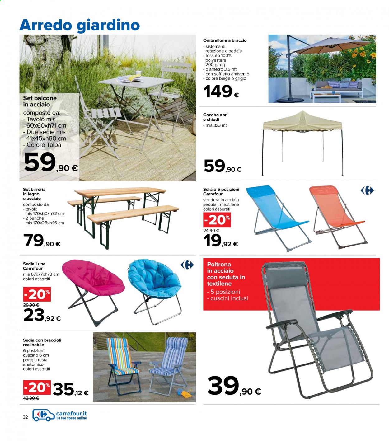 Volantino Carrefour - 6/4/2021 - 21/4/2021 - Prodotti in offerta - cuscino, tavolo, sedia, poltrona, set birreria. Pagina 32.