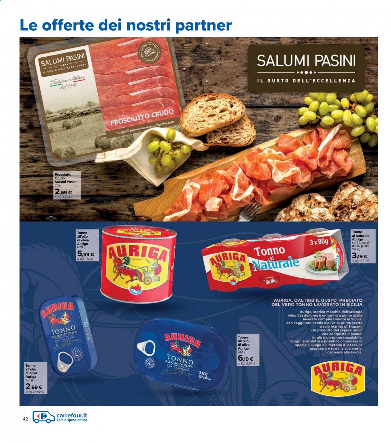 Volantino Carrefour - 6/4/2021 - 21/4/2021 - Prodotti in offerta - tonno, prosciutto, prosciutto crudo, sale, sale marino, olio di oliva. Pagina 42.