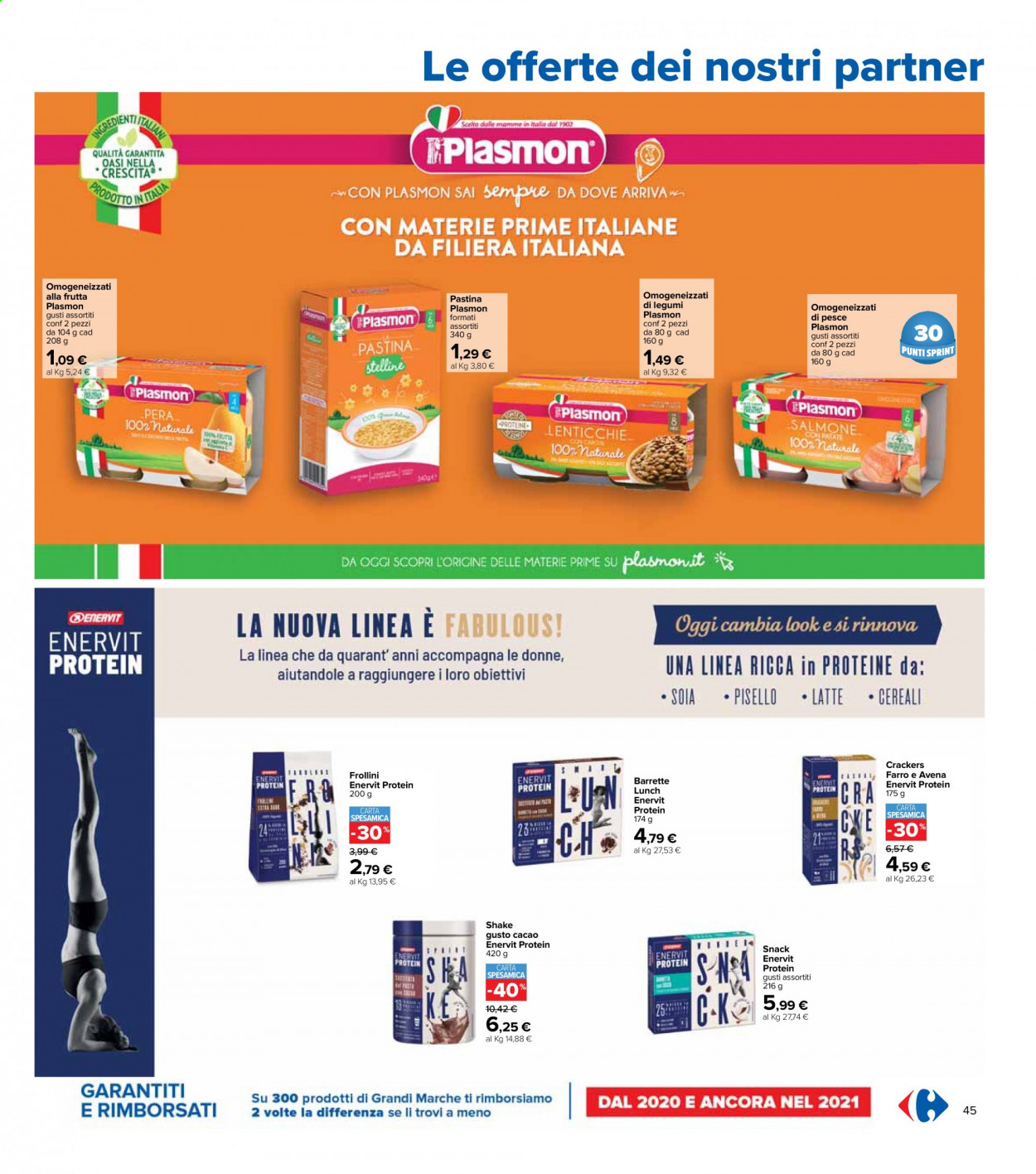 thumbnail - Volantino Carrefour - 6/4/2021 - 21/4/2021 - Prodotti in offerta - crackers, latte, frollini, barretta, cereali, soia, pastina, omogeneizzati, Plasmon. Pagina 45.