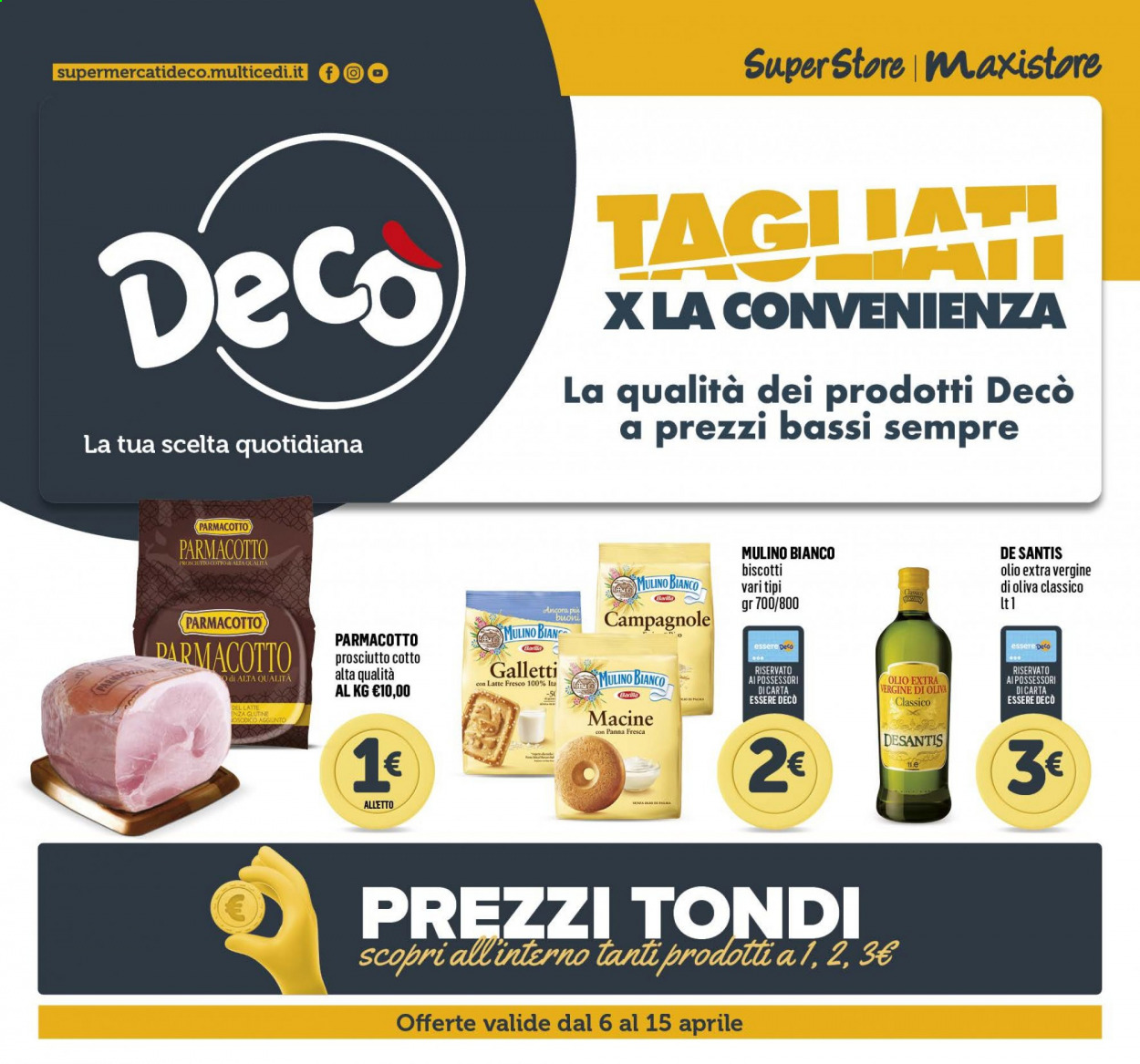thumbnail - Volantino Deco - 6/4/2021 - 15/4/2021 - Prodotti in offerta - Mulino Bianco, prosciutto, prosciutto cotto, biscotti, olio, olio extra vergine di oliva. Pagina 1.