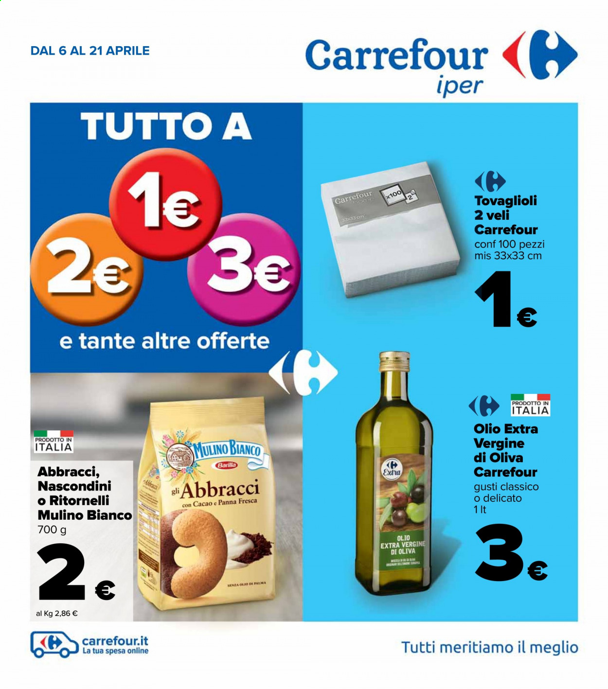 thumbnail - Volantino Carrefour - 6/4/2021 - 21/4/2021 - Prodotti in offerta - Mulino Bianco, Barilla, tovaglioli. Pagina 1.